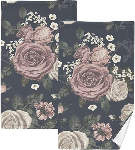 ALAZA Elegant Romantic Flower Hand Towel Set of 2, Cotton Absorbent Soft Decorative Towel for Bathroom Kitchen Dorm Gym Beach 16 x 28 inch