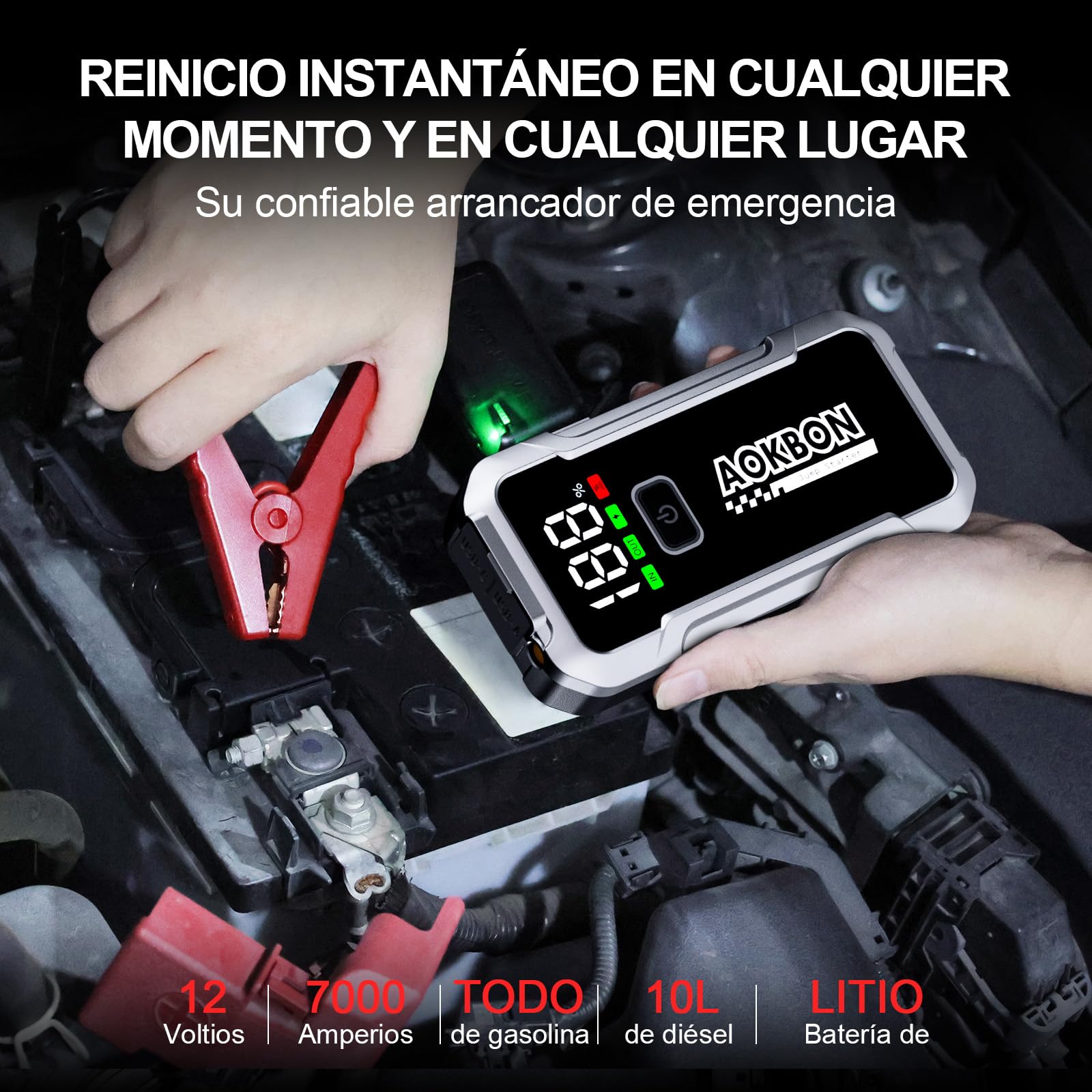 Arrancador de Coches 7000A 12V Arrancador de batería para Todo Gasolina o 10L de Diésel Booster con Pantalla LCD Grande Clips de Seguridad Inteligentes Carga USB y Luz LED