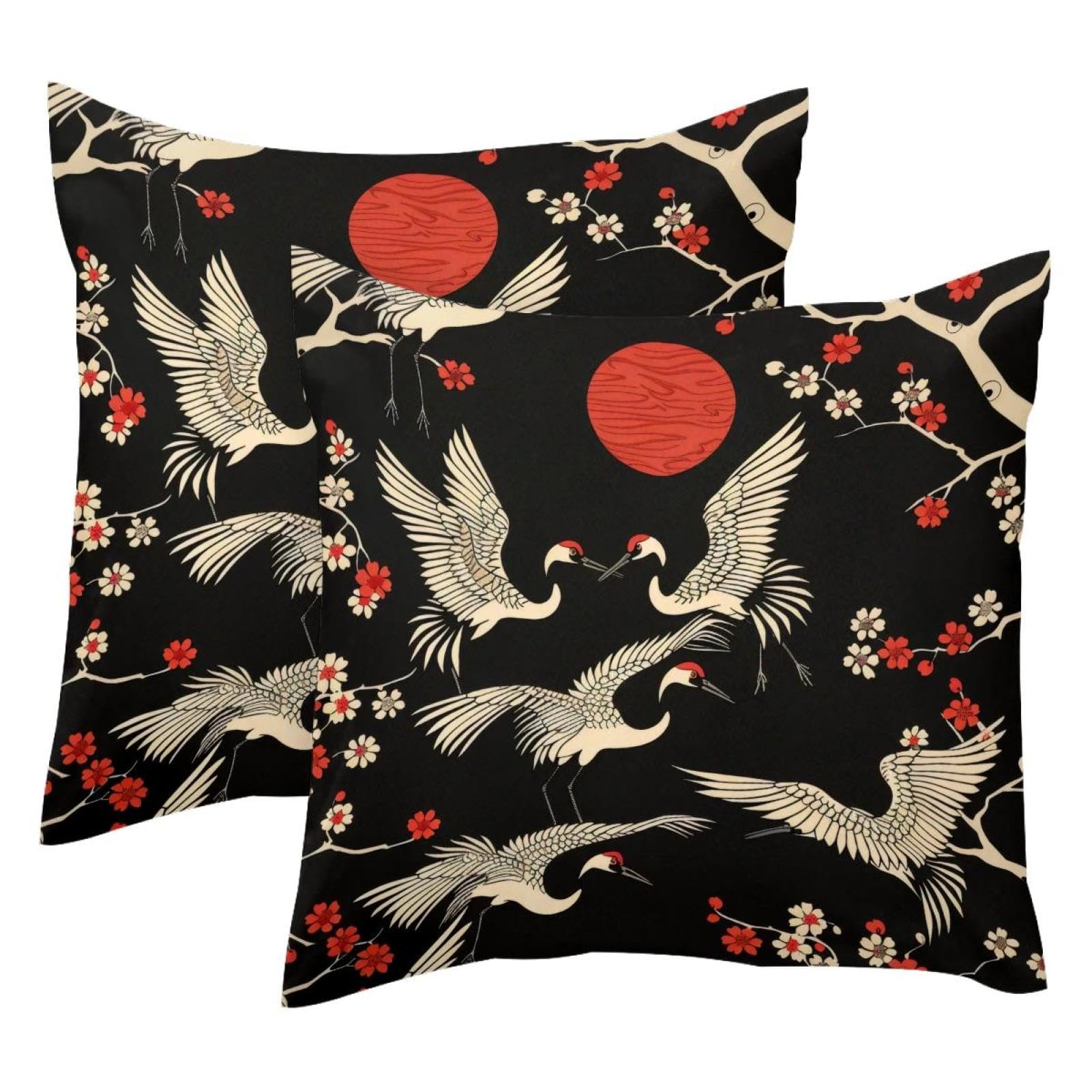 Housse de coussin velours motif grue et cerisier haut de gamme 50x50