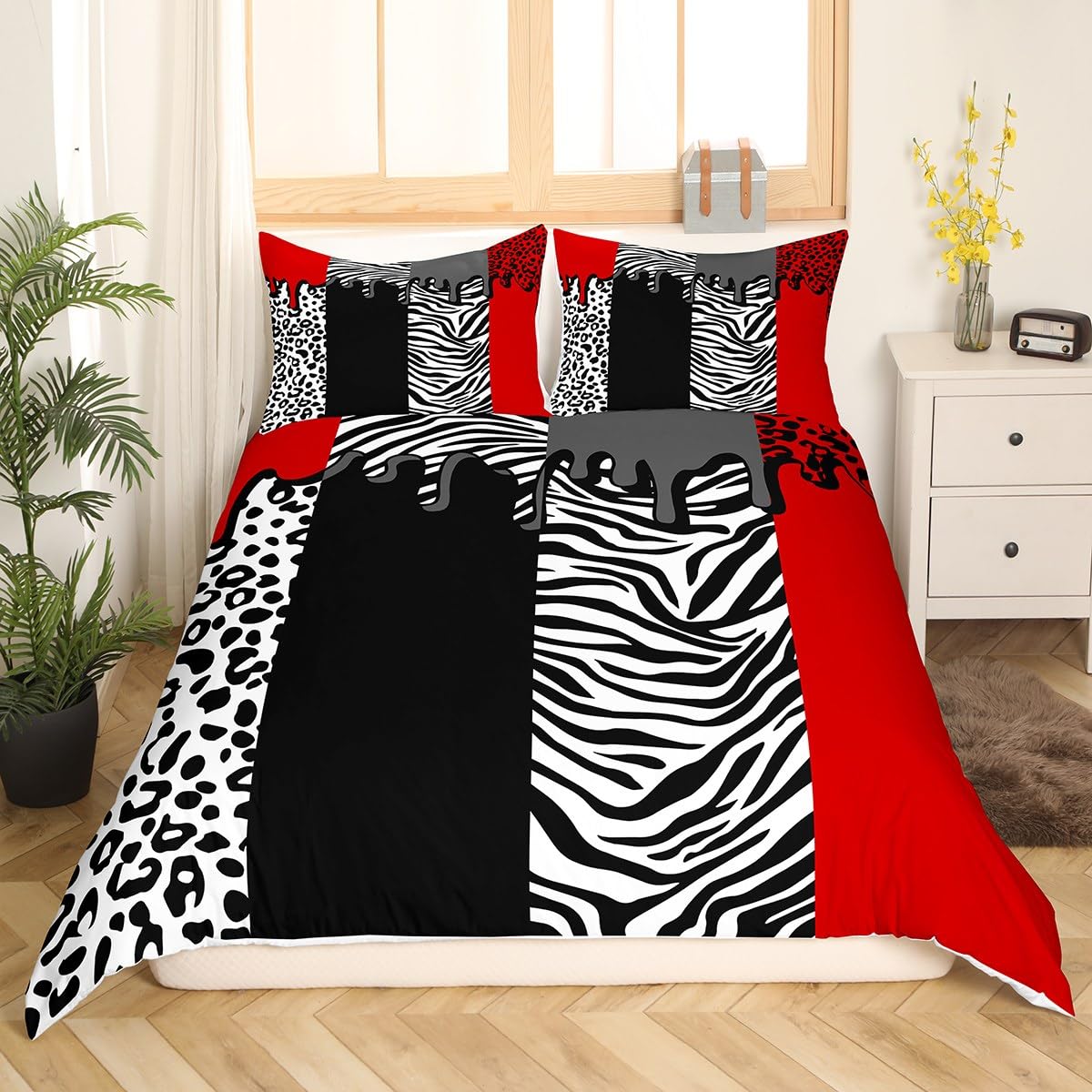 Feelyou Leopard Bedding Set for Girls Boys Kids Queen Size Red Black White Cheetah Comforter Cover Set Room Decorative Animal Print Duvet Cover Safari Zebra Bedspread Cover 3Pcs Bedclothes