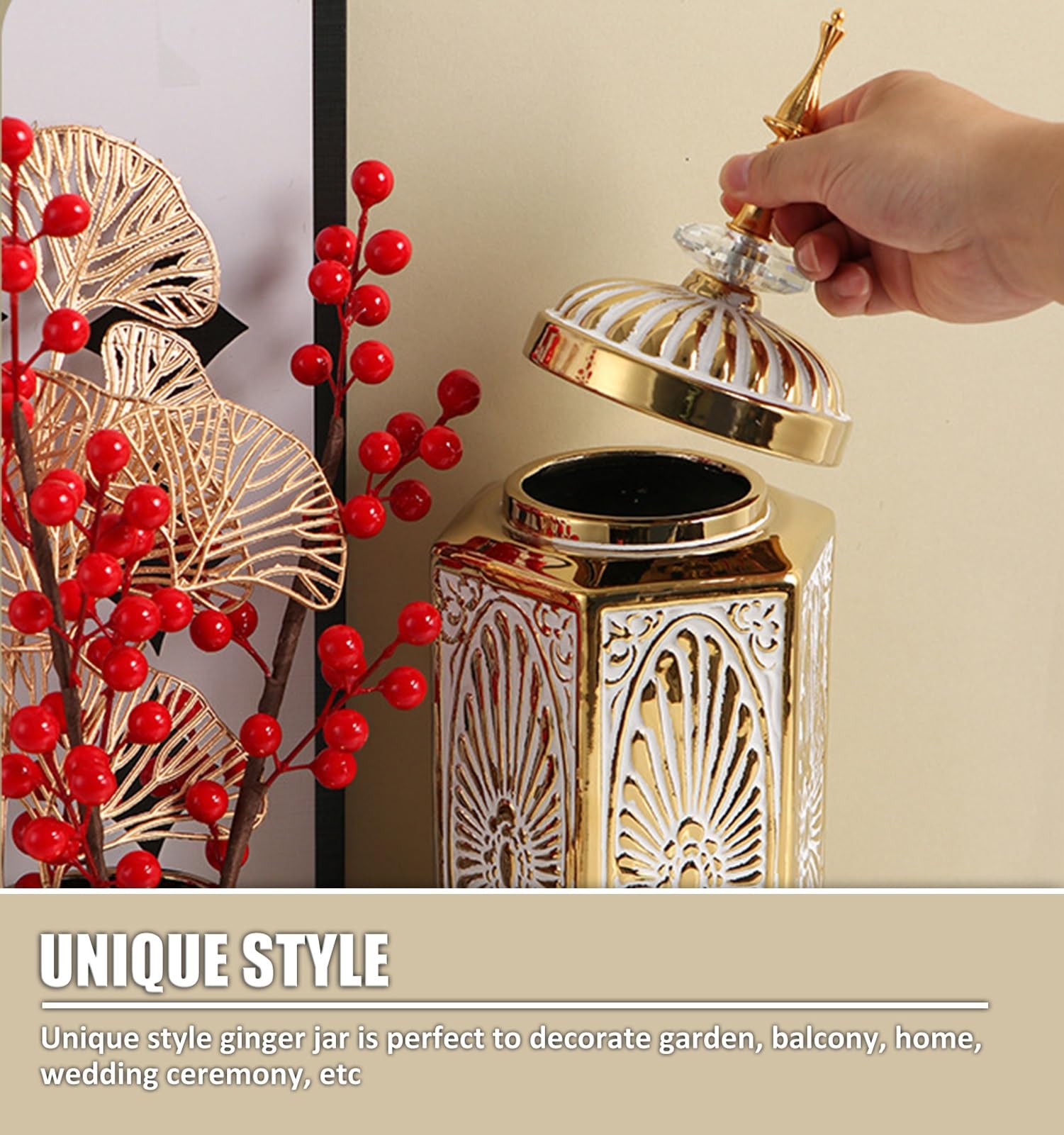 Jarrones Decorativos Jarrón De Flores Dorado para Decoración del Hogar, Tarro De Jengibre Estable Y Jarrón con Tapa para Mesa De Comedor, De Larga Duración.(S)