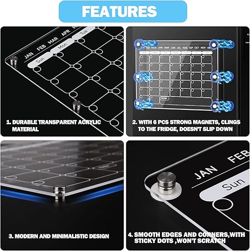 Miniatura 4 de FUCNEN Calendario de borrado en seco para nevera, calendario de refrigerador transparente, tablero planificador reutilizable