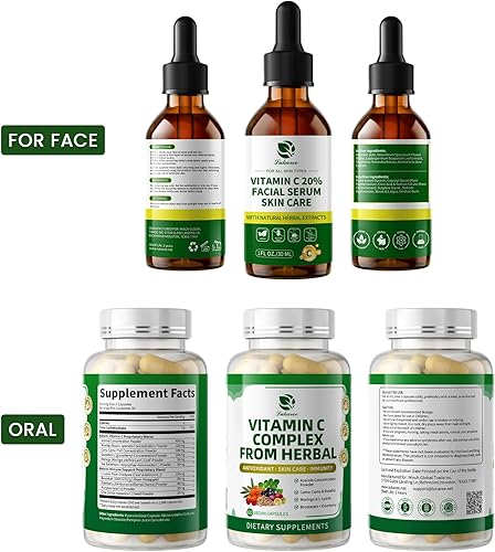 Miniatura 9 de Cápsulas de vitamina C y suero facial, apoyo para antioxidante y apoyo inmunológico, salud de la piel, vegano, sin azúcar, 1 onza + 60 cápsulas