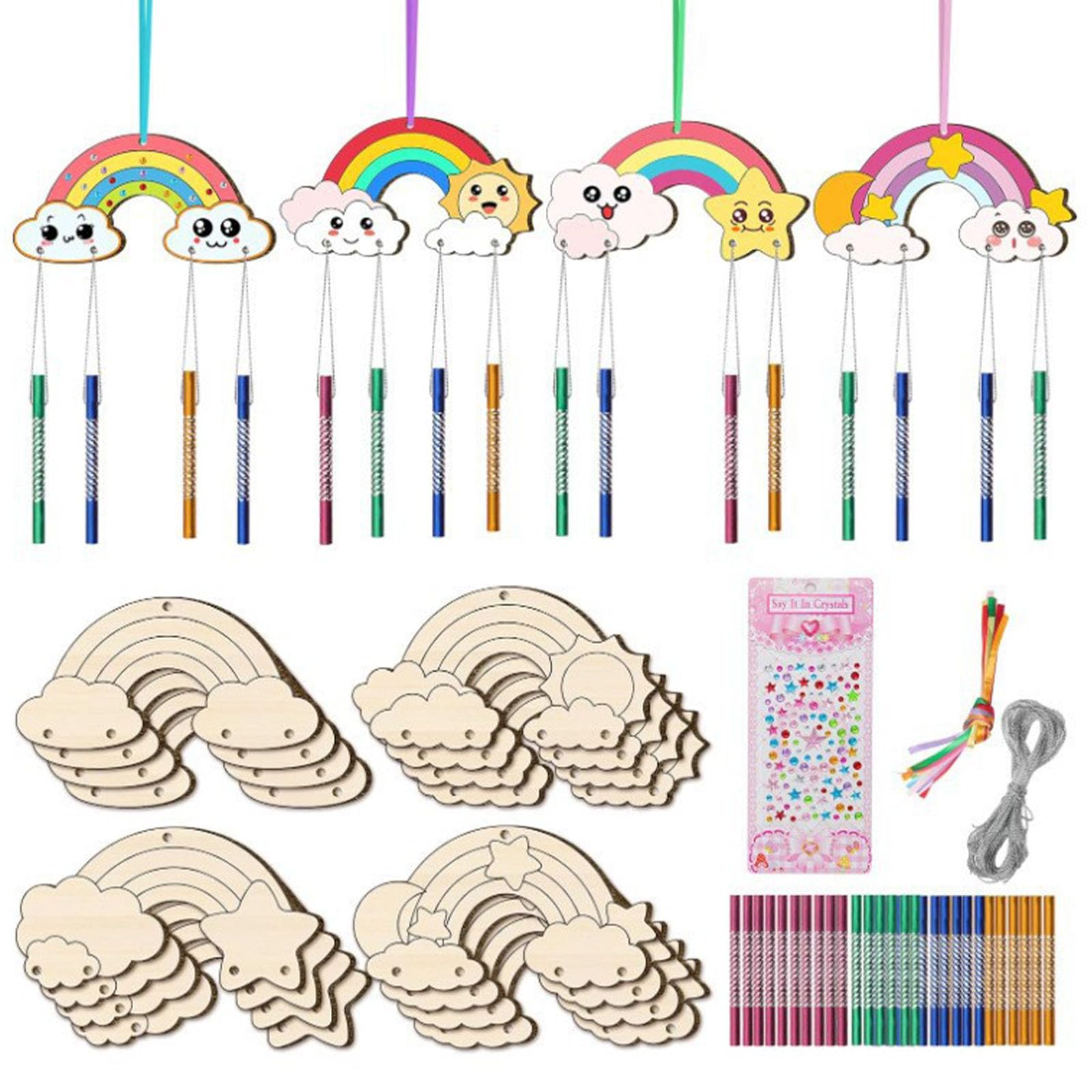 12 Pack Wind Chime, Rainbow Wooden Wind Chimes, Windchimes Crafts for Painting, Decorating, Wooden Pretty Craft Kit for Kids