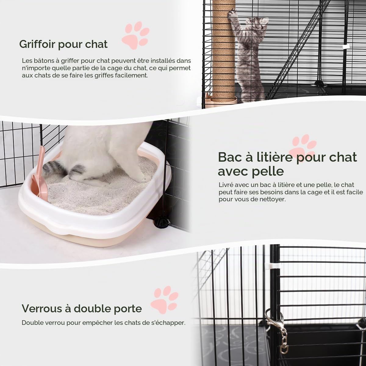 Cage pour Chats Intérieur 3 Niveaux avec Hamac, Maisonnette en Fil Métallique, Bac à Litière, Griffoirs et Escaliers pour 1-2 Chats