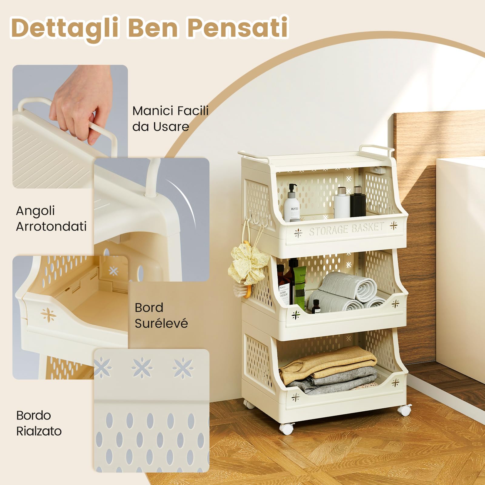 COSTWAY Carrello Portaoggetti Impilabile a 4 Piani con Ruote, Organizzatore in Plastica con Maniglie e Ganci, per Lavanderia, Bagno e Soggiorno (4 Livelli)