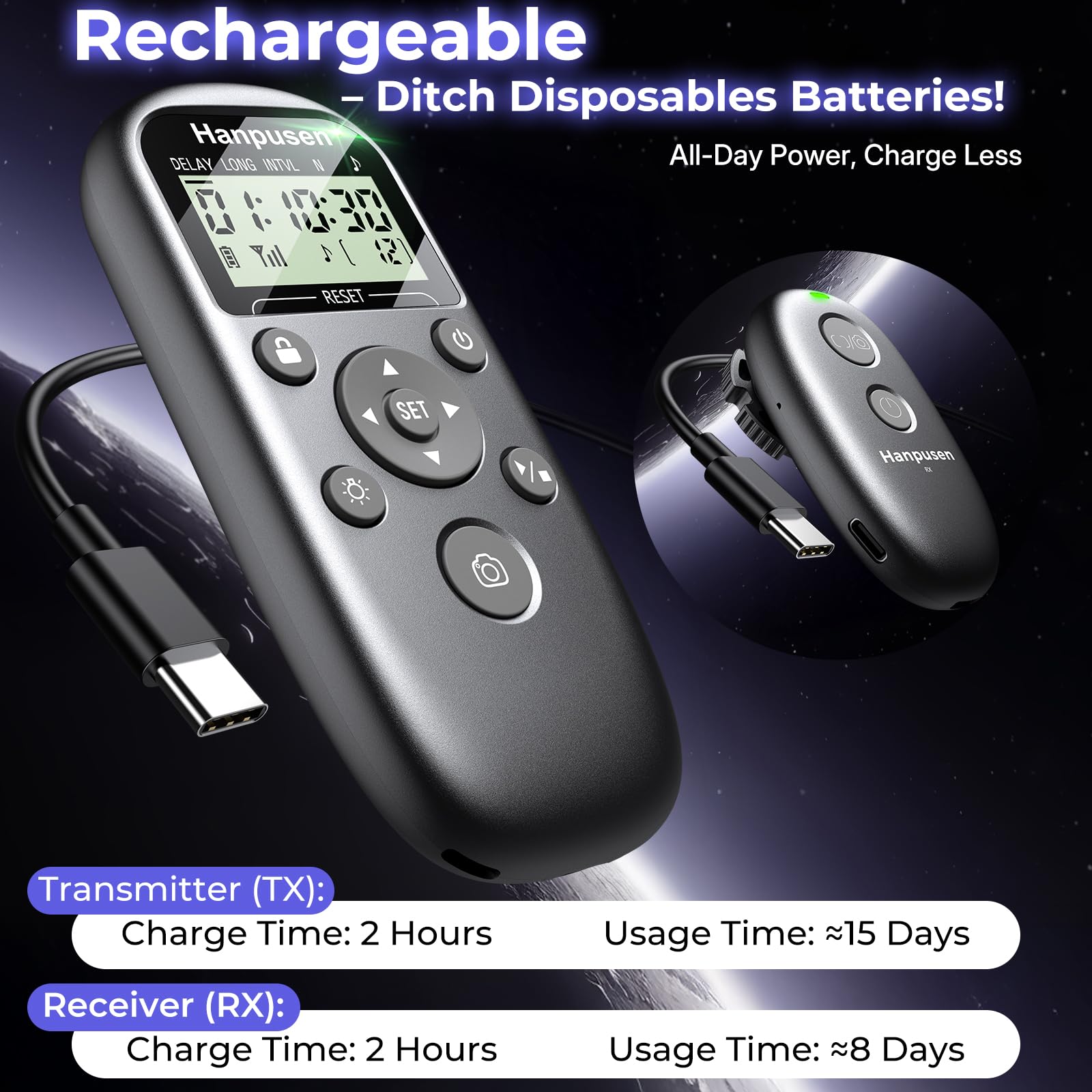 Hanpusen Intervalómetro inalámbrico recargable para cámara Nikon, temporizador y disparador remoto, control remoto para Nikon