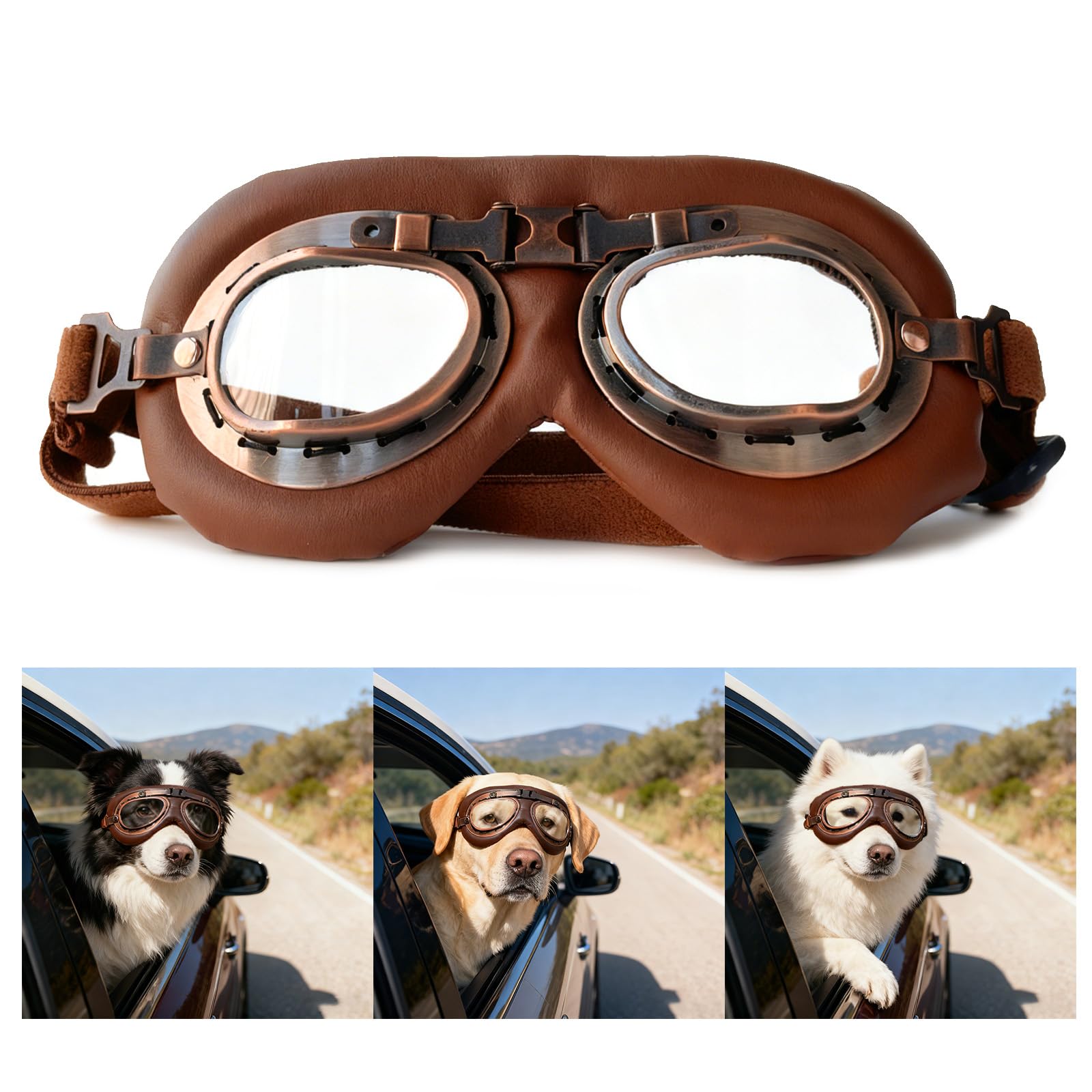 Occhiali Retro per Cani (Lenti Trasparenti) per Taglia Media - Antivento e Regolabili - Occhiali Protettivi Pieghevoli per Moto, Auto e Outdoor