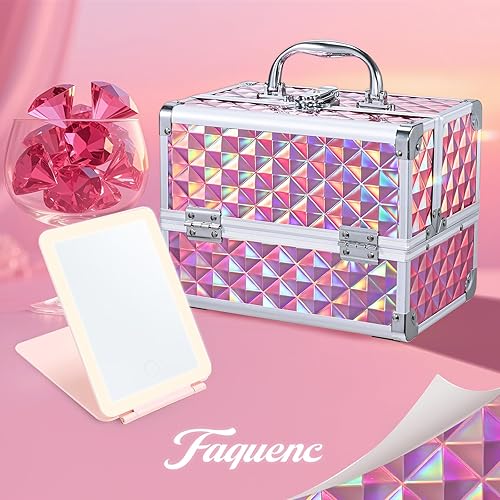 Miniatura 8 de Estuche de maquillaje con espejo iluminado, caja organizadora de maquillaje de viaje, 2 bandejas con cerradura y espejo LED móvil para niñas, kits