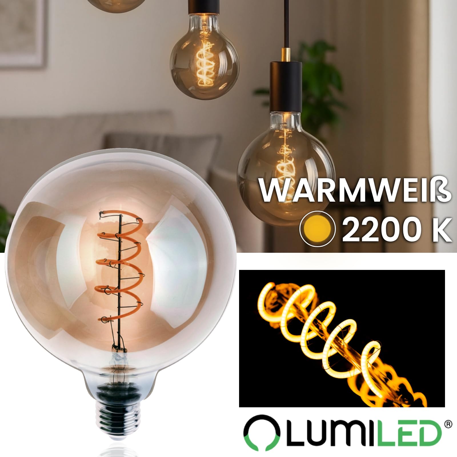 Lumiled Bombilla LED de filamento, E27, G125, 6 W, equivalente a 50 W, 660 lm, 2200 K, cristal ahumado extracálido, ángulo de haz de 360°, paquete de 6 unidades, forma de globo, luz decorativa retro