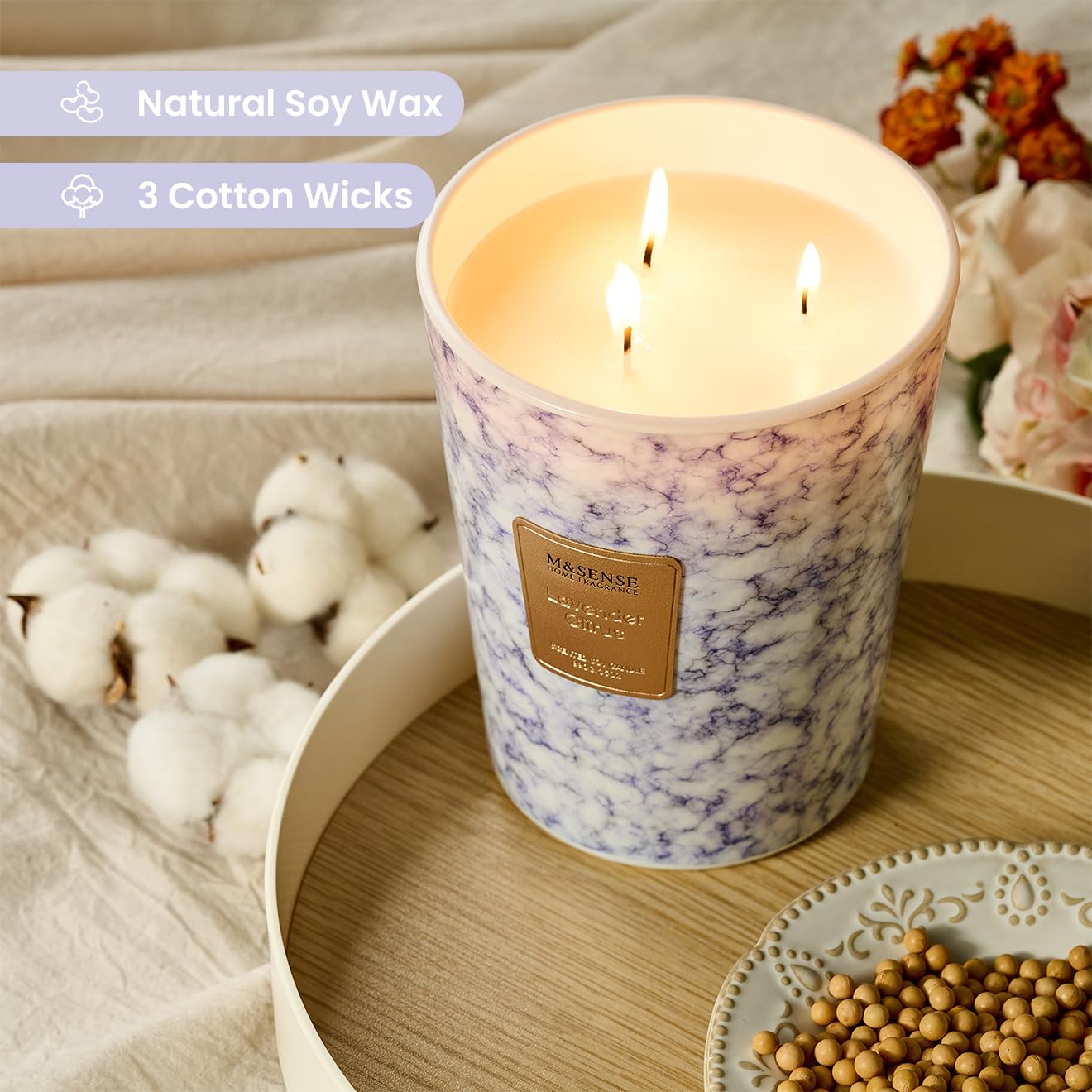 M&SENSE Bougie parfumée 990g|Lavande Agrumes|150h de combustion & 3 mèches|Bougie Decorative naturelles en cire de soja|Aromathérapie relaxante|Cadeau pour femme & homme,Modern Marble Jar