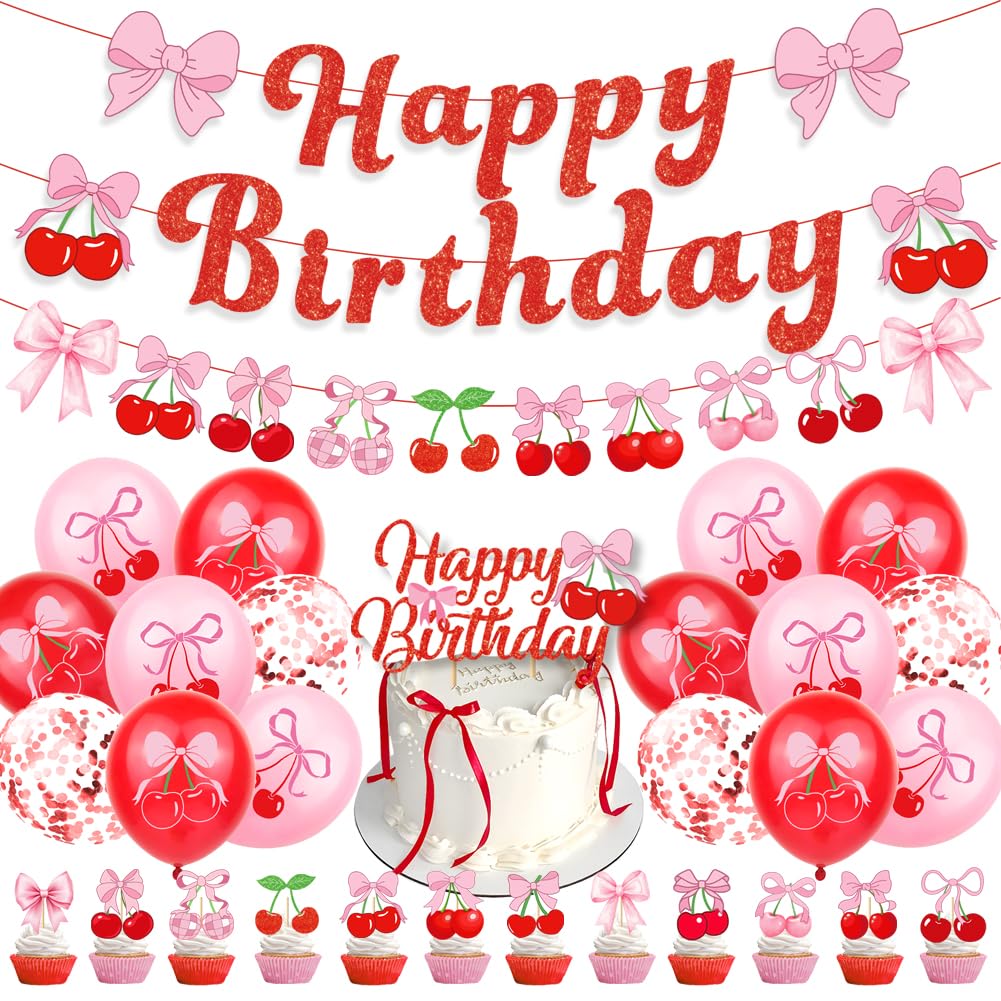 32pcs Cherry Theme Birthday Party Decorations Set, Bow Cherry Birthday Banner, Garland, Cake & Cupcake Toppers, Fruit Cherries Party Supplies