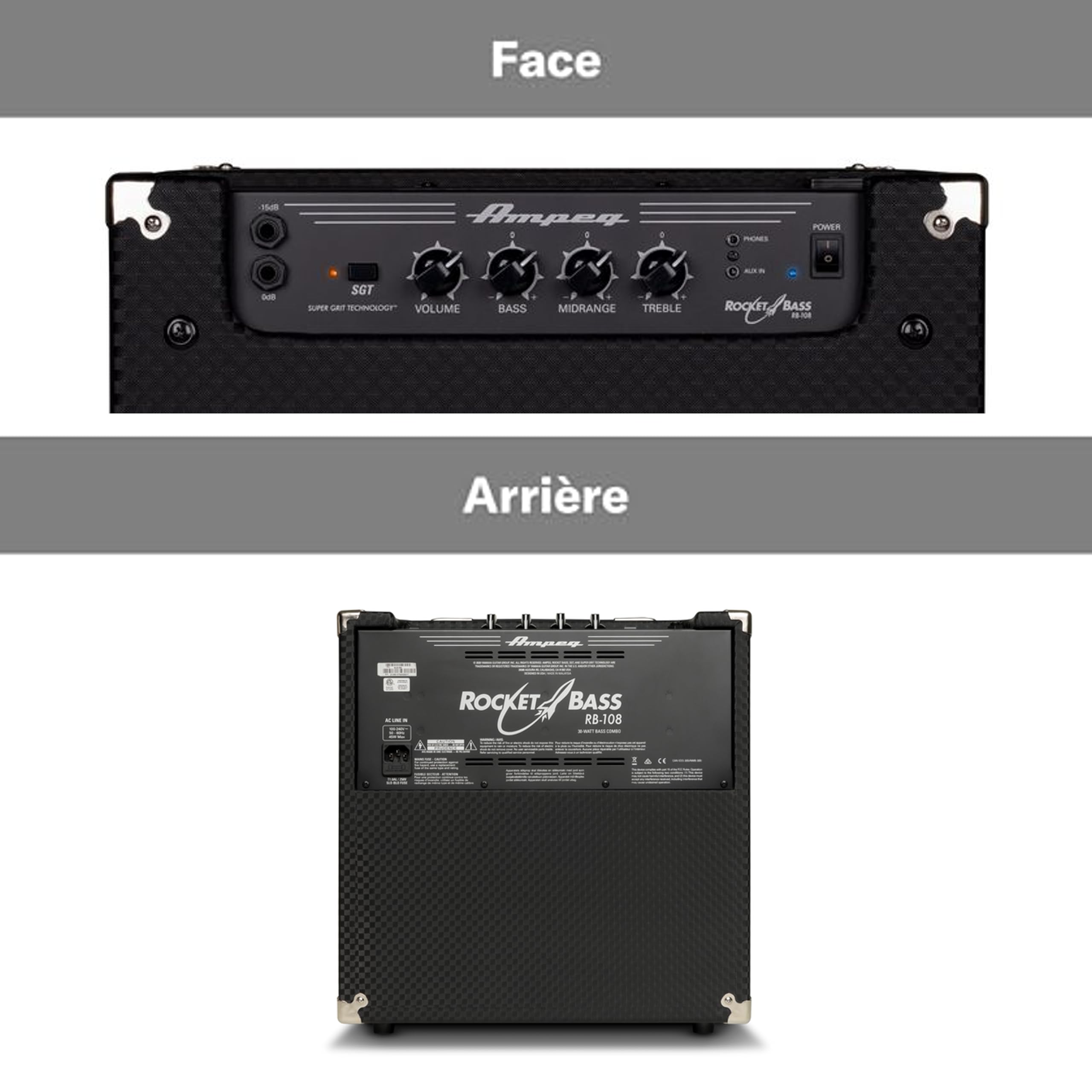 AMPEG RB-108 Ampli Basse Combo – Ampli d'entraînement 30W avec préampli AMPEG Legacy, circuit SGT Overdrive, égaliseur 3 bandes, entrée AUX, sortie casque et haut-parleur 1x8" – Noir