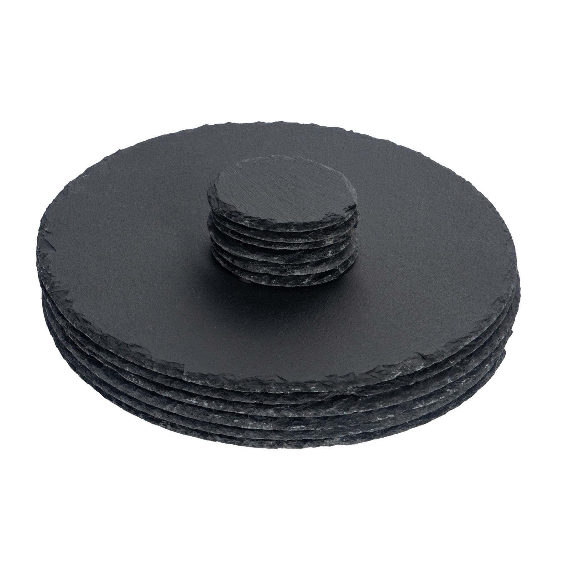 B&Q -  12Pc Round Slate Placemats & Round Coasters SetBlack Natural Stone Dinnerware Plate Placemats Drink Mats