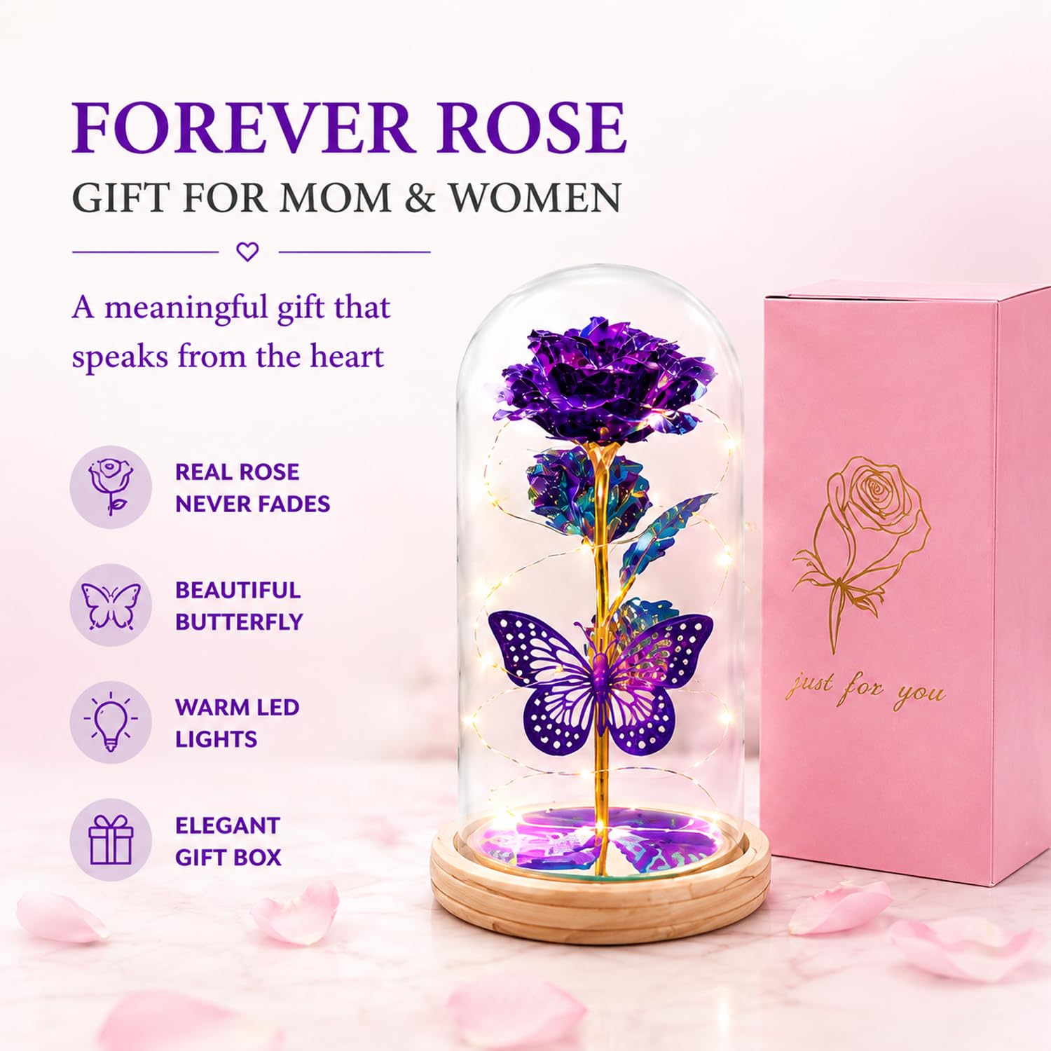 StowBin QUNPON - Flores para el día de la Madre, Regalos de Hija e Hijo, cumpleaños para Mujeres, mamá, Abuela, niñera, Rosa de la Bella y la Bestia en cúpula de Cristal, Artificial para Siempre