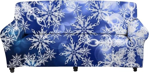 Fundas de cojín para sofá de 3 cojines, fundas de sofá suaves antideslizantes para decoración navideña, color azul con copos de nieve, tamaño L