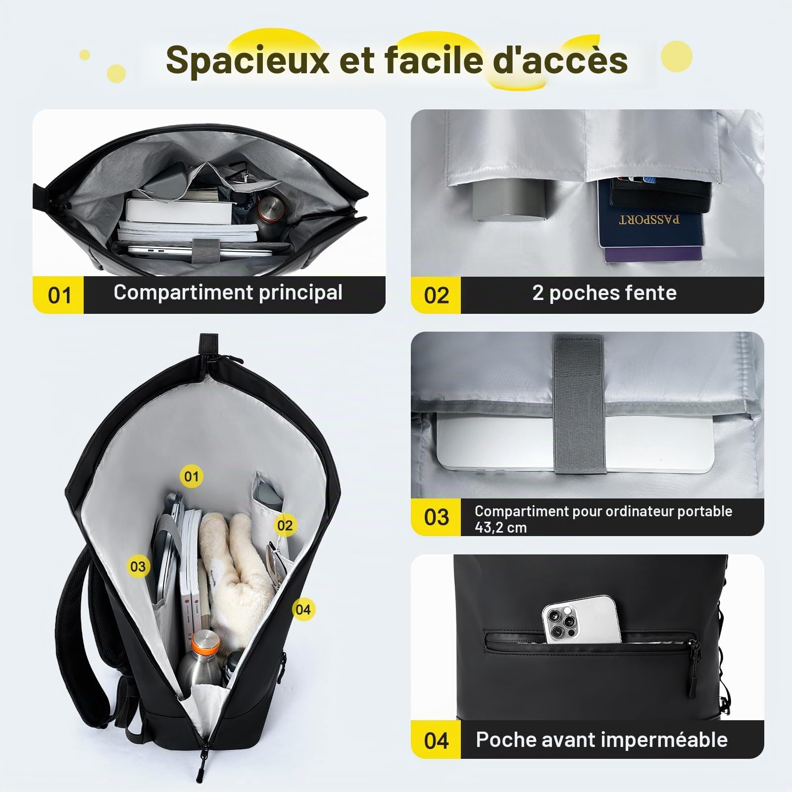Sac a Dos Etanche pour Femmes et Hommes Rolltop sac à dos pour ordinateur portable sac à dos de voyage avec boucle d'escalade multifonctionnelle pour Voyages, Travail, College (Noir, XL)