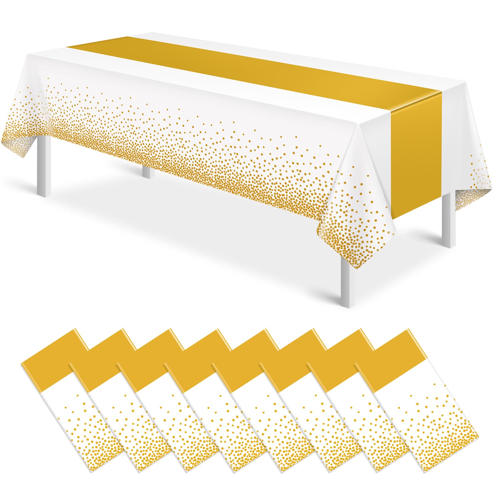 8 Pack White Gold Tablecloth with Printed Gold Runner, 108x54 Inch Disposable Plastic Table Cloth, Wipeable Waterproof Table Cover for Birthday Wedding Christening Baptism Anniversary Party Decoration