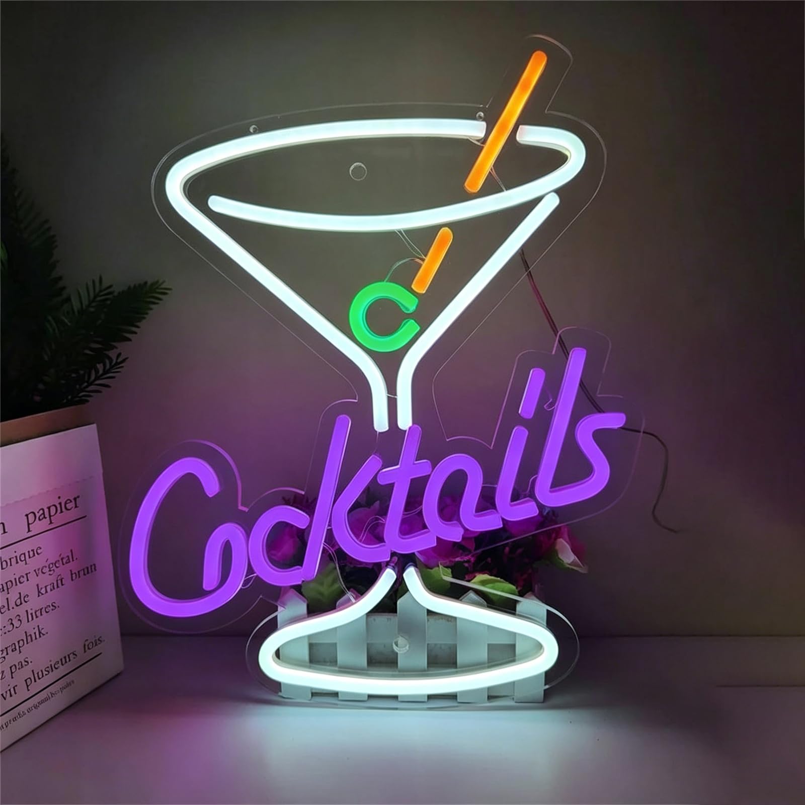KEYQEEN Cocktails Neon Sign for Wall Decor, Bar Club Shop Signs Dimmable USB LED Man Cave Party Neon Lights,Purple,50x38cm