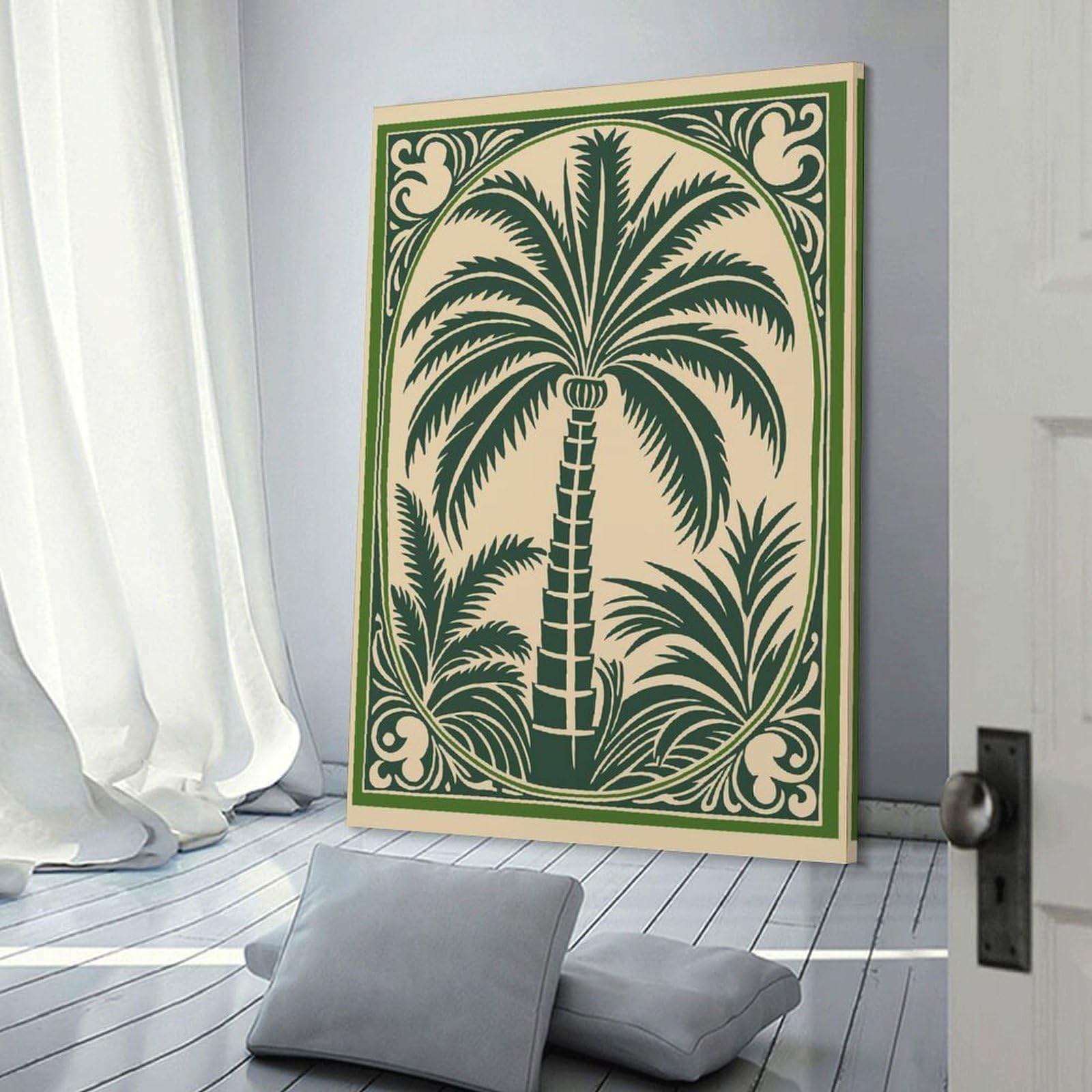 Junmoney Palm Tree Illustration with Decorative Border Wall Picture Print 12x18inch(30x45cm), for Picture Wall Styling in Lounge Or Bedroom, Ideal for Building A Coordinated Art Wall