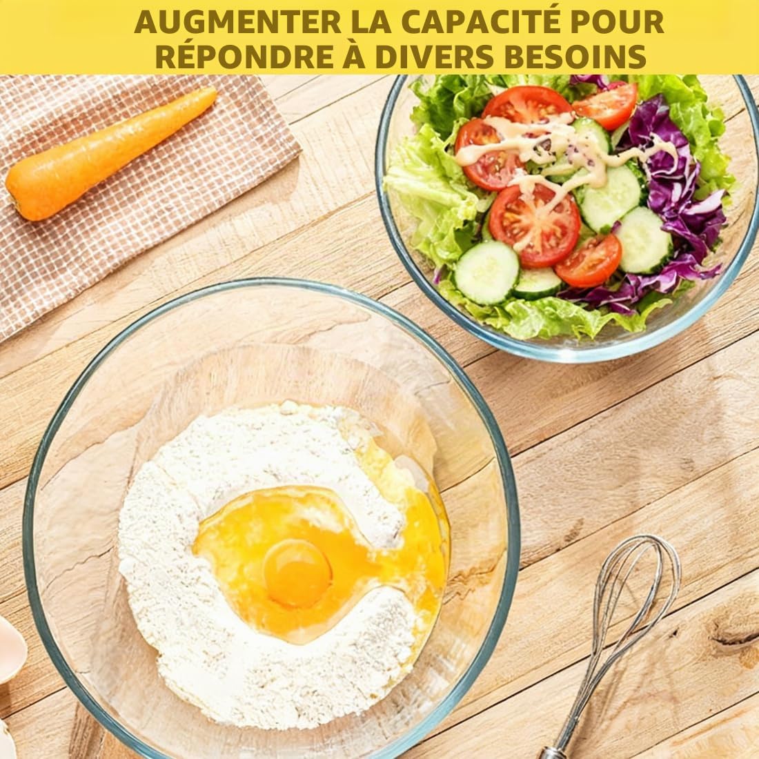 Lot de 3 Bols Mélangeurs en Verre Borosilicate 1050 ml+2700 ml+4400 ml avec Couvercle Hermétique Sans BPA Compatibles Micro-ondes Lave-Vaisselle Empilables pour Gagner de la Place