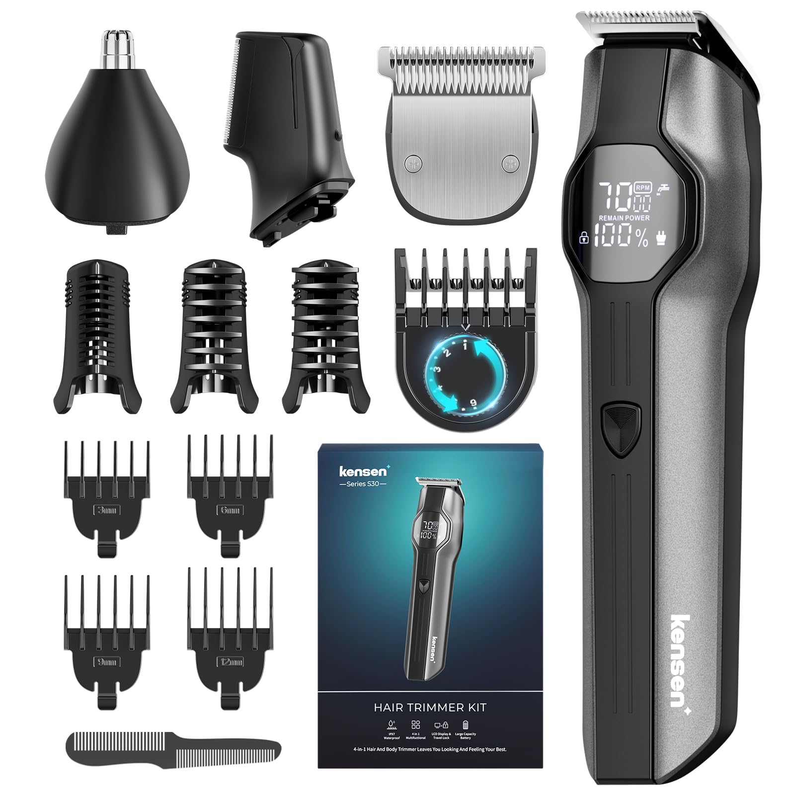 kensen Recortadora de Barba Hombre 13 en 1, Afeitadora Corporal Masculina, Máquina Cortar Pelo, Cortapelos Nariz y Oreja, IPX7 Impermeable Afeitadora Barba con Pantalla LED, 210 mins Uso