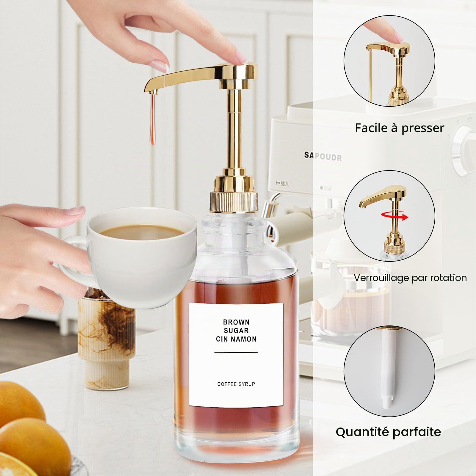 Sunal Distributeur de sirop de café, doré, 500 ml, lot de 2 bouteilles de sirop en verre, distributeur de sirop avec pompe de grande capacité de 0,6 g et 36 étiquettes étanches et entonnoir pour