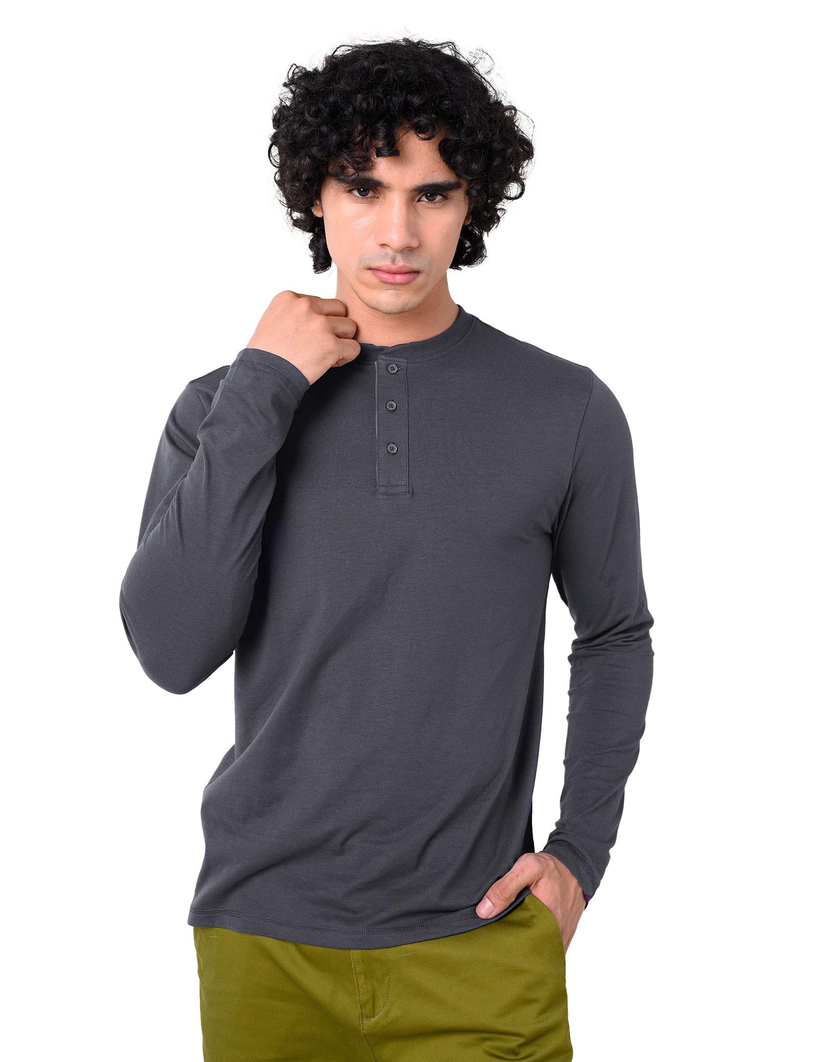 Enorsia Mens Crew Neck Henley T-Shirt – Long Sleeve Slim Fit Top with Button Detail – Stylish & Comfortable Casual Tee for All Occasions (S, Dark Grey)