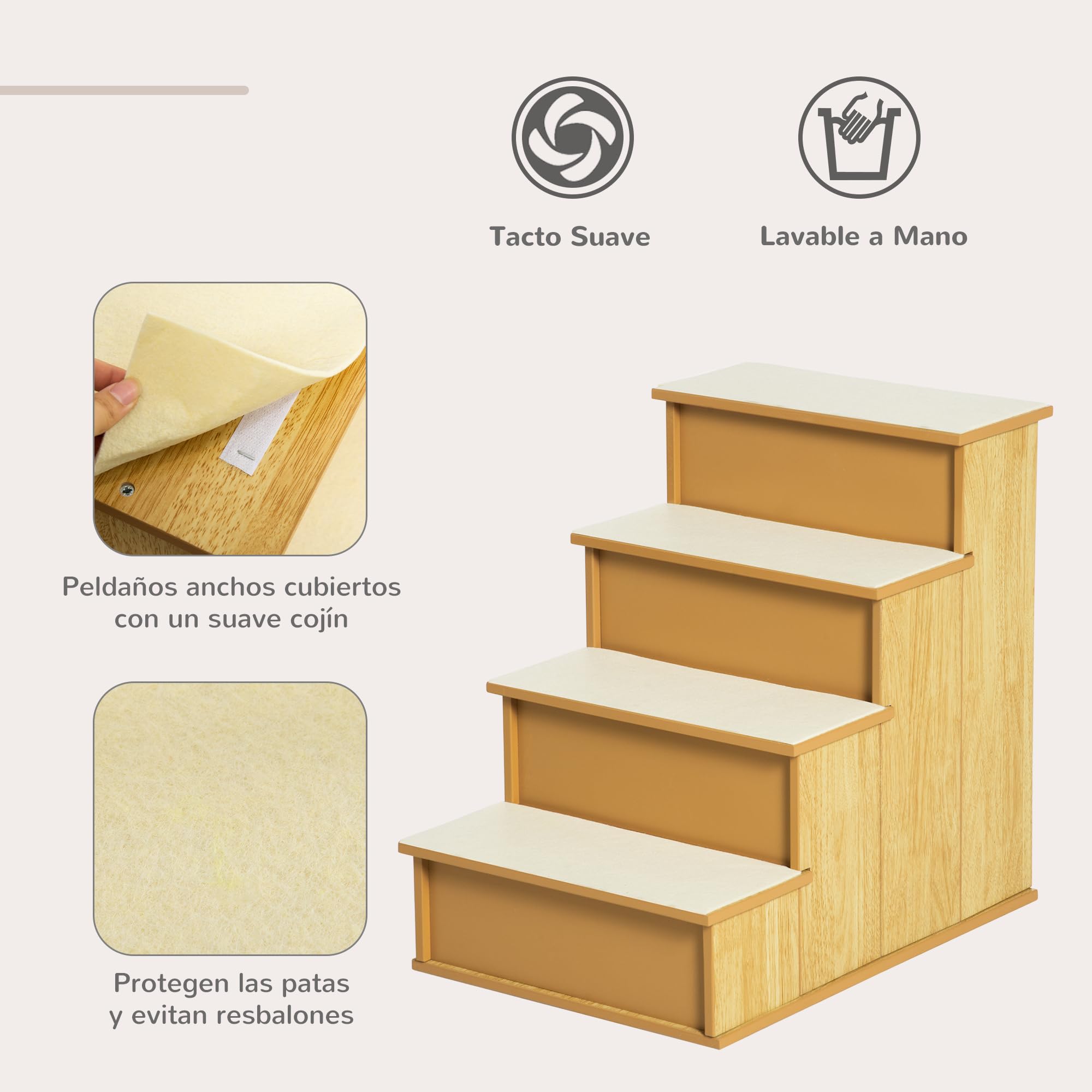 PawHut Escalera para Perros de 4 Peldaños Escalera para Mascotas Escalones para Perros Gatos con Acolchados Desmontables Carga 30 kg para Cama Sofá 40x59x54,2 cm Natural y Crema
