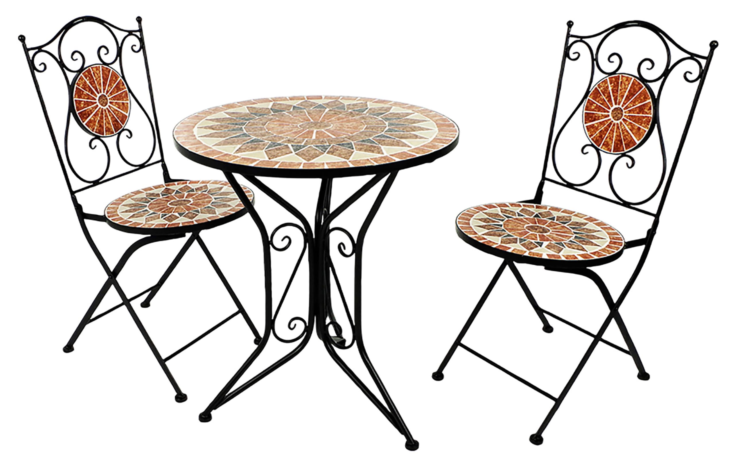 Kobolo Tischgruppe MOSAIK 1 Tisch rund 2 Klappstühle Metall Mosaik schwarz terrakotta