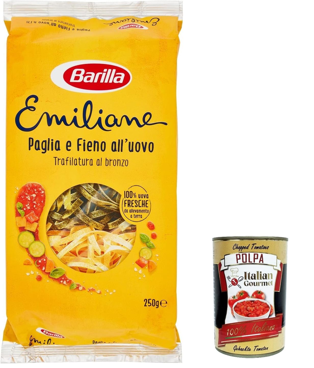 Italian Gourmet E.R. Barilla Pasta all' Uovo Le Emiliane Paglia e Fieno, 12 unidades de pasta de huevo, pasta con huevo 250 g + polpa italiana gourmet 400 g