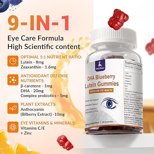 Miniatura 2 de 2 paquetes de gomitas de luteína y zeaxantina que apoyan la salud ocular, 9 en 1 con 8 mg de luteína y 1.6 mg de zeaxantina, soporte para los ojos,
