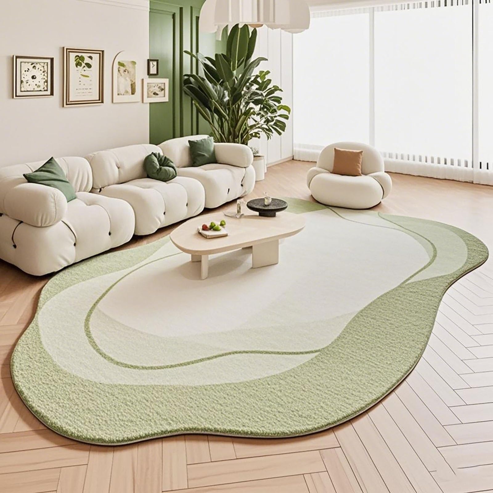 Tapis vert irrégulier 120x180 cm beige doux pour salon et bureau