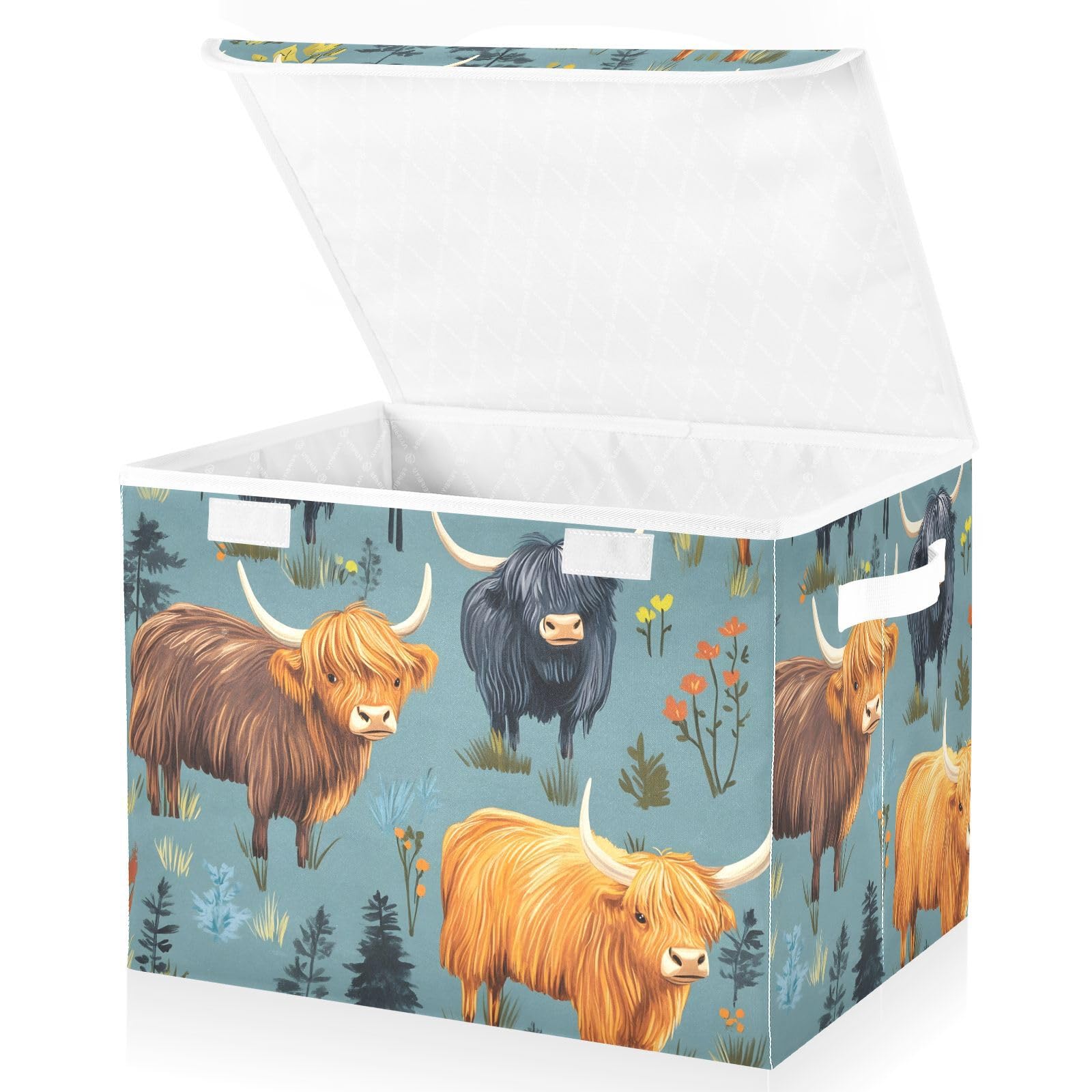 Mnsruu Highland Cow Grass Storage Boxes with Lids, Large Storage Basket Organizer Shelves Cube Bin Toy Clothes Underbed