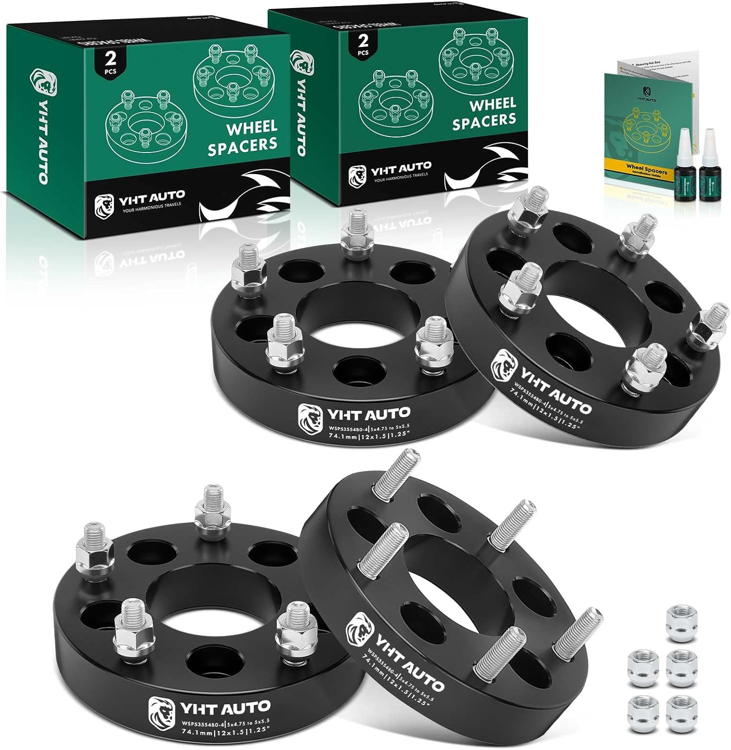 YHTAUTO 5x4.75 to 5x5.5 Wheel Adapters 1.25 Inch Compatible with Chevrolet Camaro, GMC, Cadillac, Pontiac, Tire Spacers w/ 12x1.5 & 12.9 Grade Studs, 74.1mm Center Bore 5 Lug 4PCS Black