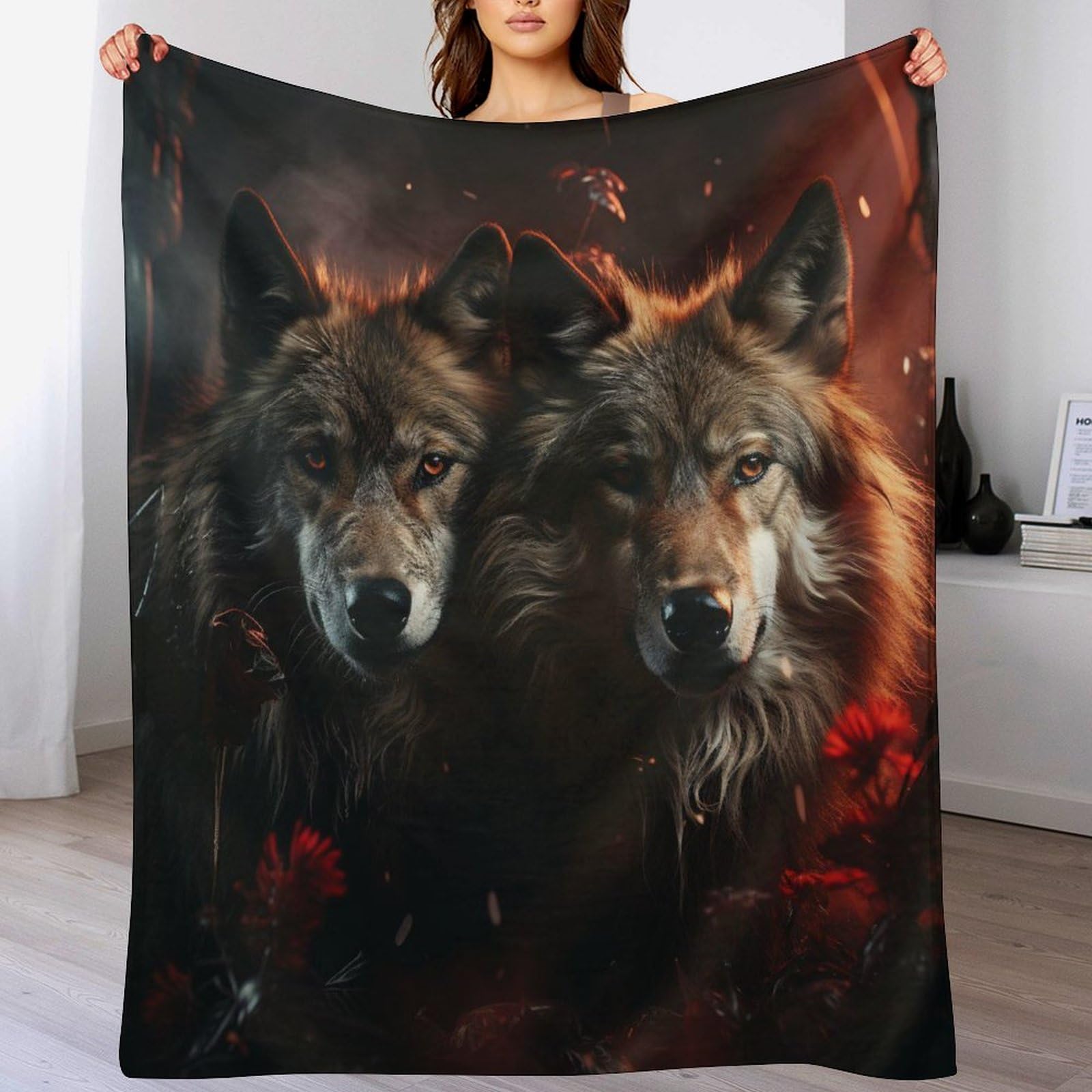 Couverture loup en flannel douce 180x200 cm lavable pour lit et canapé