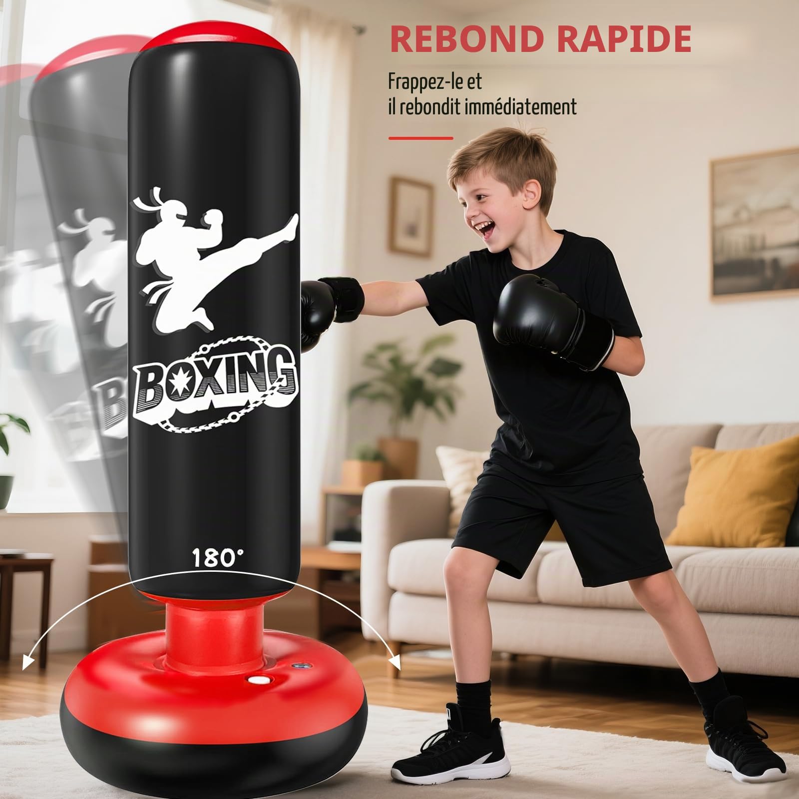 Qoosea Sac de Boxe Enfants 160cm Gonflable Sac de Frappe sur Pied Set de Formation avec Gants Karaté Taekwondo