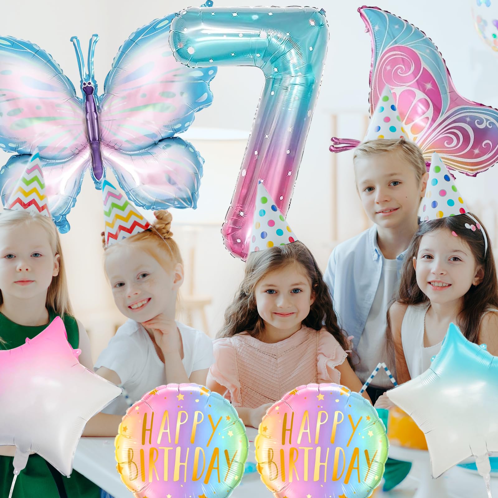 Verjaardagsdecoratie voor meisjes, 7 stuks, kleurrijke vlinders, folieballon 7, cijferballon, 7 jaar, verjaardagsdecoratie voor 7e verjaardag, meisjesdecoratie