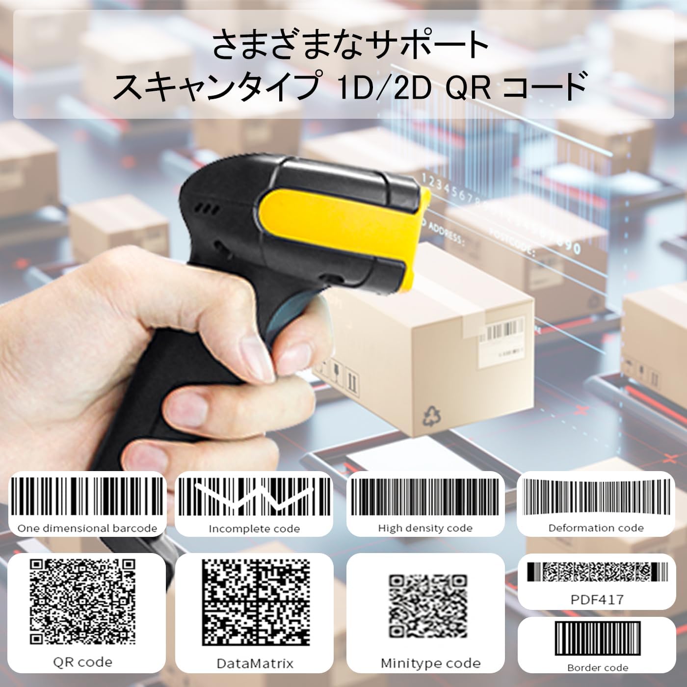 LENVII F510 Barcode Scanner demonstrating its ability to scan various 1D and 2D barcode types, including incomplete, high-density, and deformed codes.