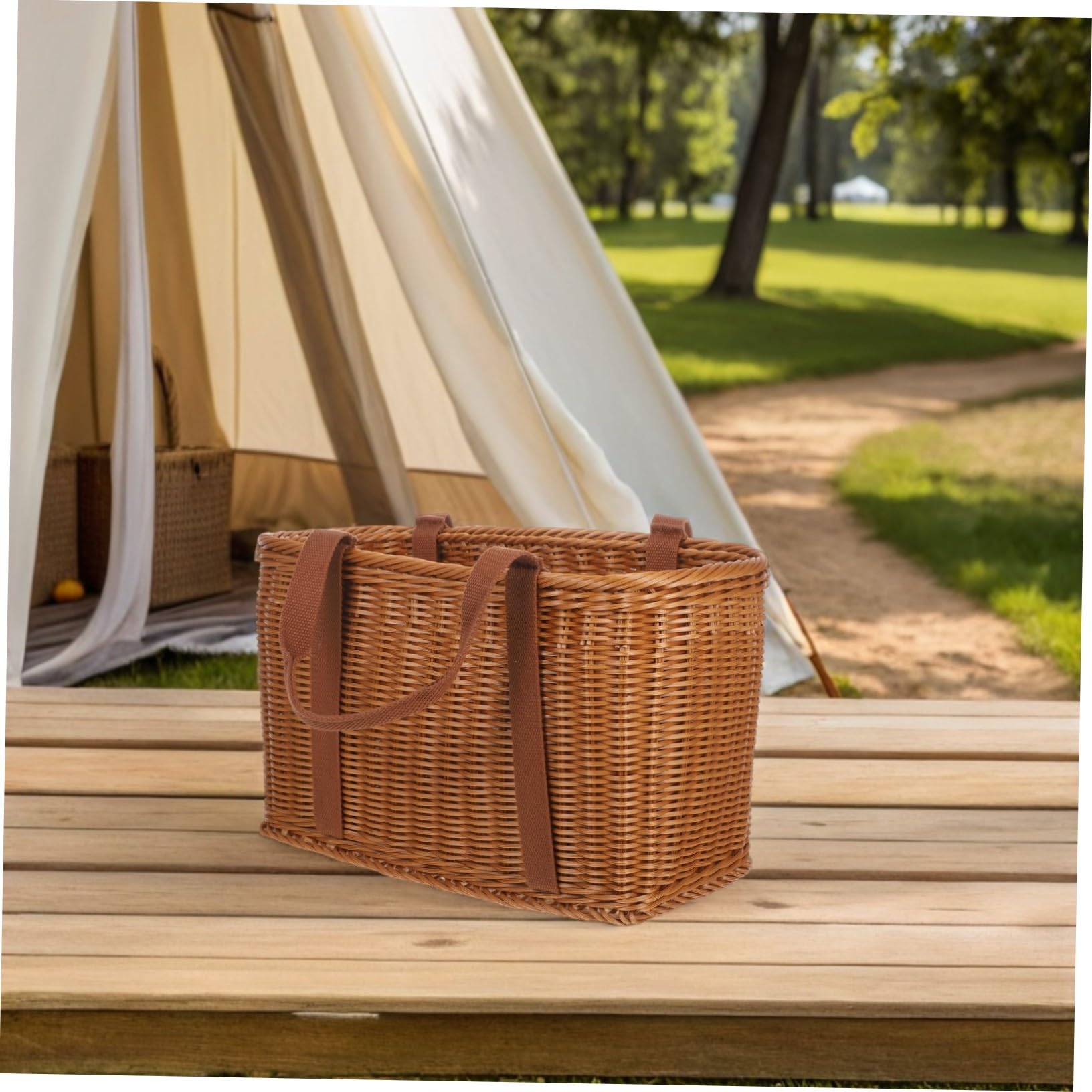 HANABASS Handgewebter Rechteckiger Einkaufskorb mit Ergonomischem Griff Leichter Mehrzweckkorb aus Kunststoff und Stoff Großer Obst Gemüsekorb für Picknick Strand Blumenarrangements und