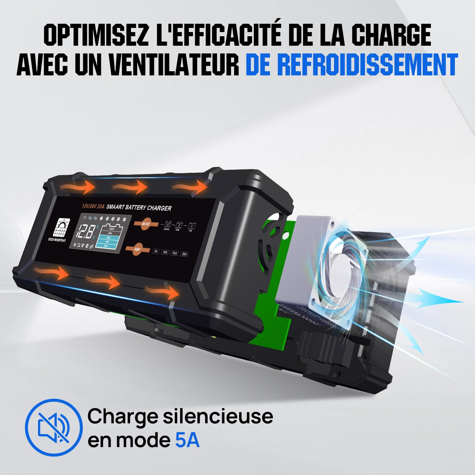 ECO-WORTHY 12V/24V 20A Chargeur de Batterie LiFePO4 avec Options Multi-Courant 5A/10A/15A/20A,détection Automatique de la Tension de la Batterie Plomb-Acide LiFePO4