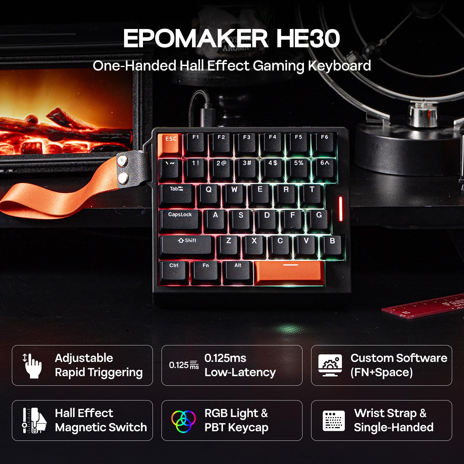 EPOMAKER HE30 Tastiera a Effetto Hall con Una Sola Mano, 8K Polling & 0.125ms, SOCD & Snap Key, Adjustable Trigger, PBT Keycap, RGB, Custom Software, Wired Gaming Keyboard for PC/Gamer (Nero)