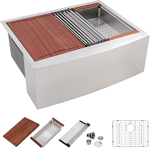 Dcolora - Fregadero de cocina de 30 pulgadas para fregadero de granja de 30 pulgadas, delantal de acero inoxidable, calibre 16, esquina redonda,