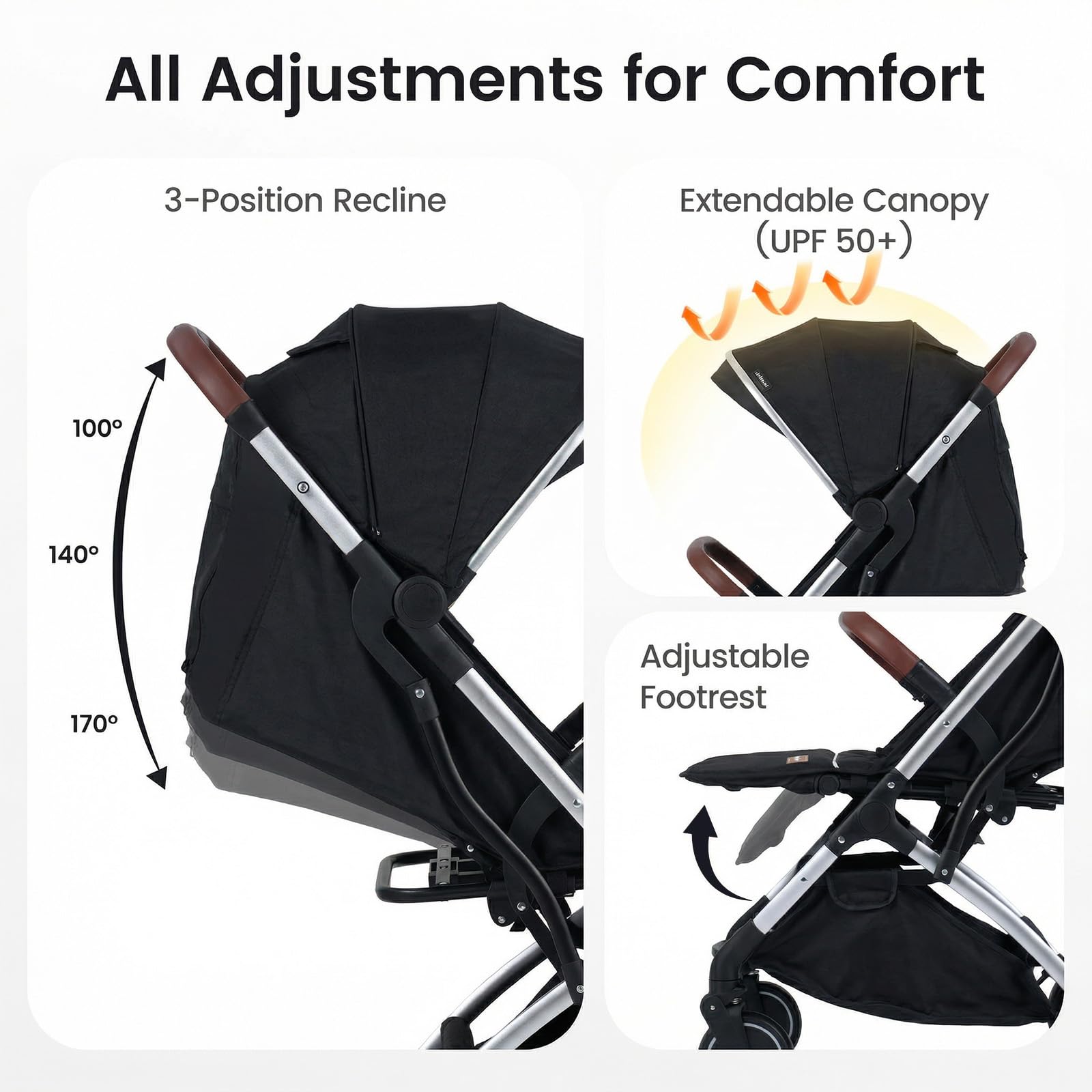 INFANS Travel Stroller, Lightweight Compact Baby Stroller for Airplane with One-Hand Fold, Multi-Position Recline, Canopy, 4 Wheel Suspension, Storage Basket (Black+Silver) - 3