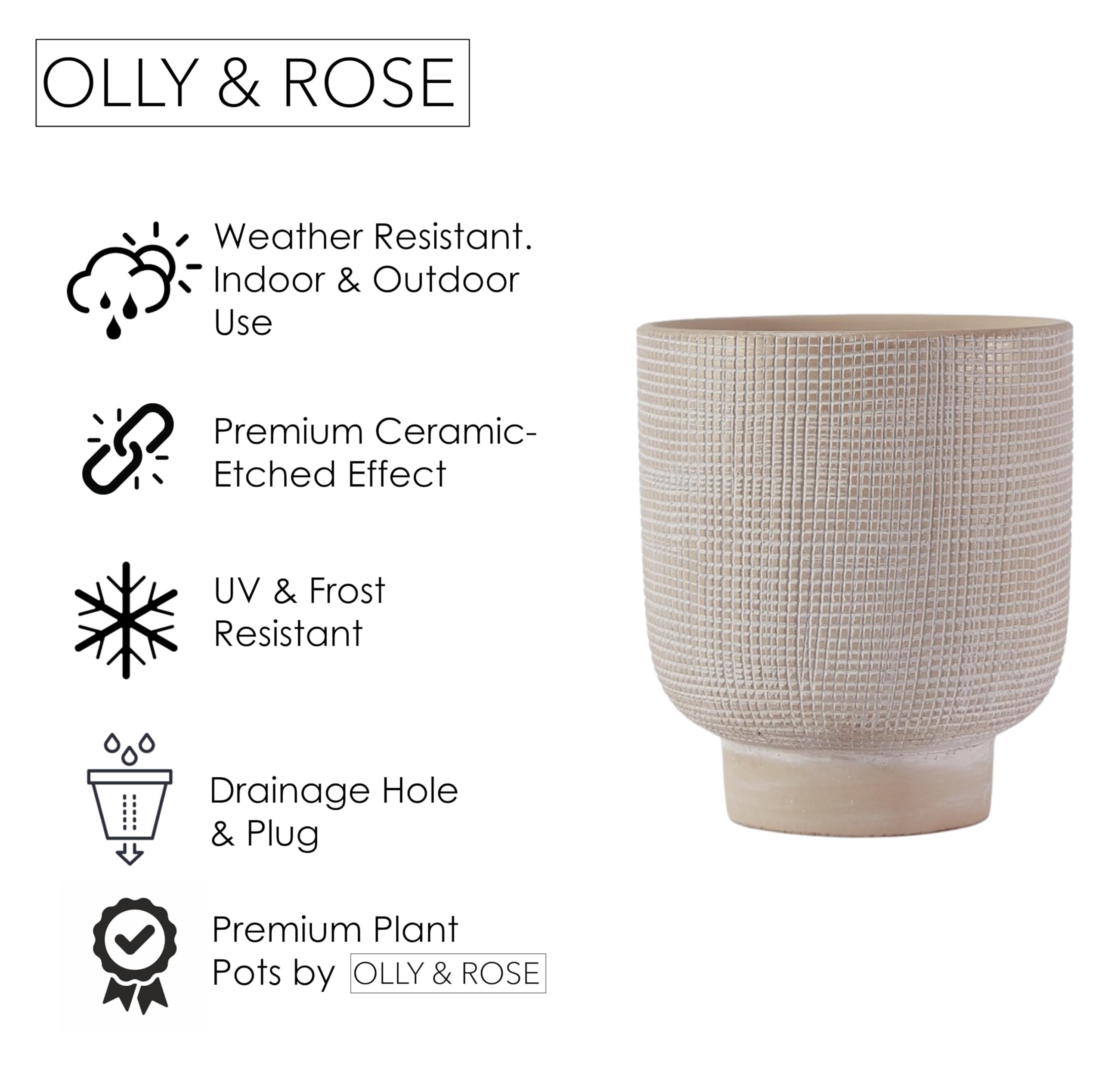 Olly & Rose Barcelona podwyższona ceramiczna doniczka na rośliny, 22,5 x 24,5 cm, wzór jasnobeżowy, duże doniczki na rośliny do użytku na zewnątrz i wewnątrz, beżowe doniczki