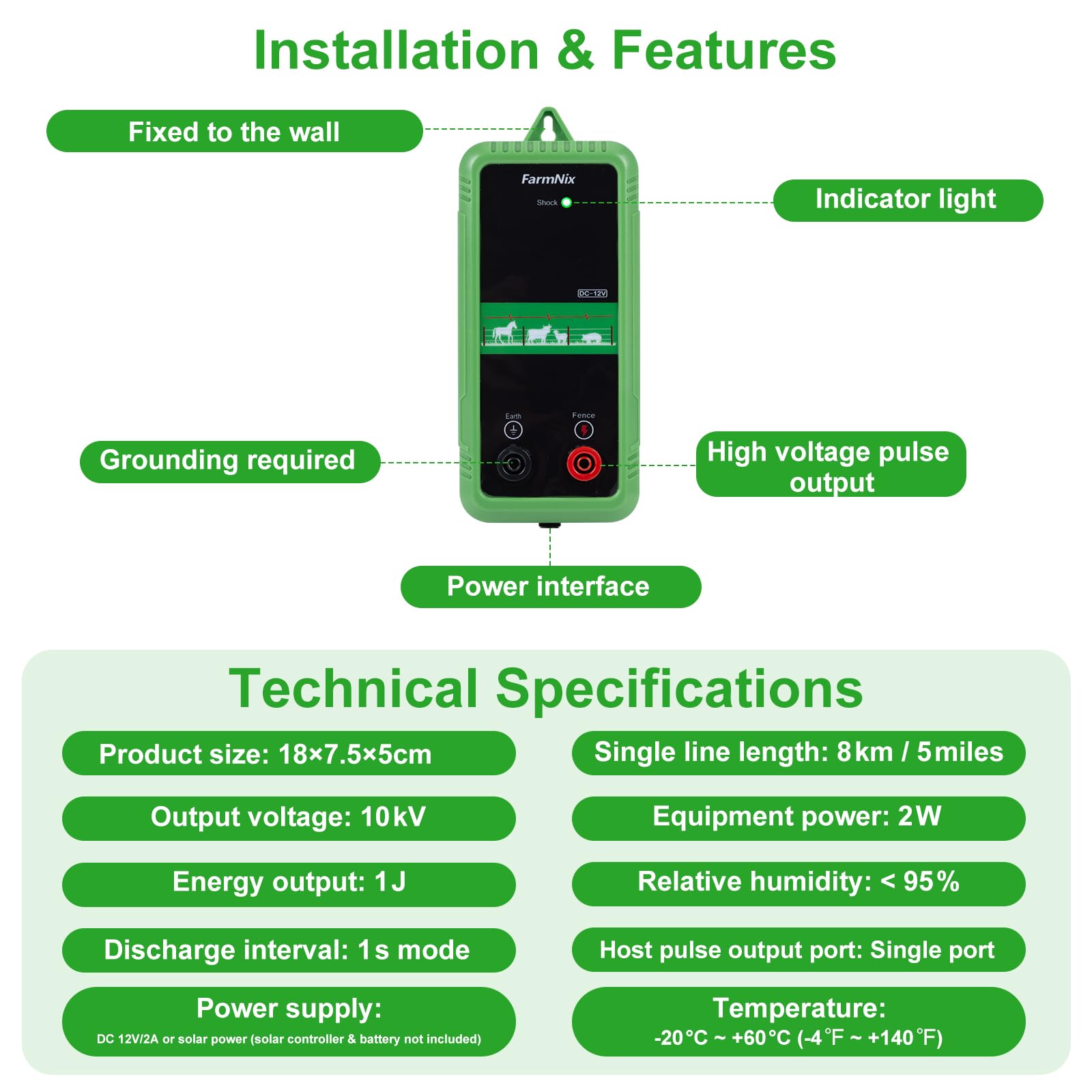 Elettrificatore per Recinti 8KM, 1J, 12V, Uscita 10KV, Basso Consumo, Compatibile AC/DC/Solare per Giardino, Fattoria e Piccoli Pascoli