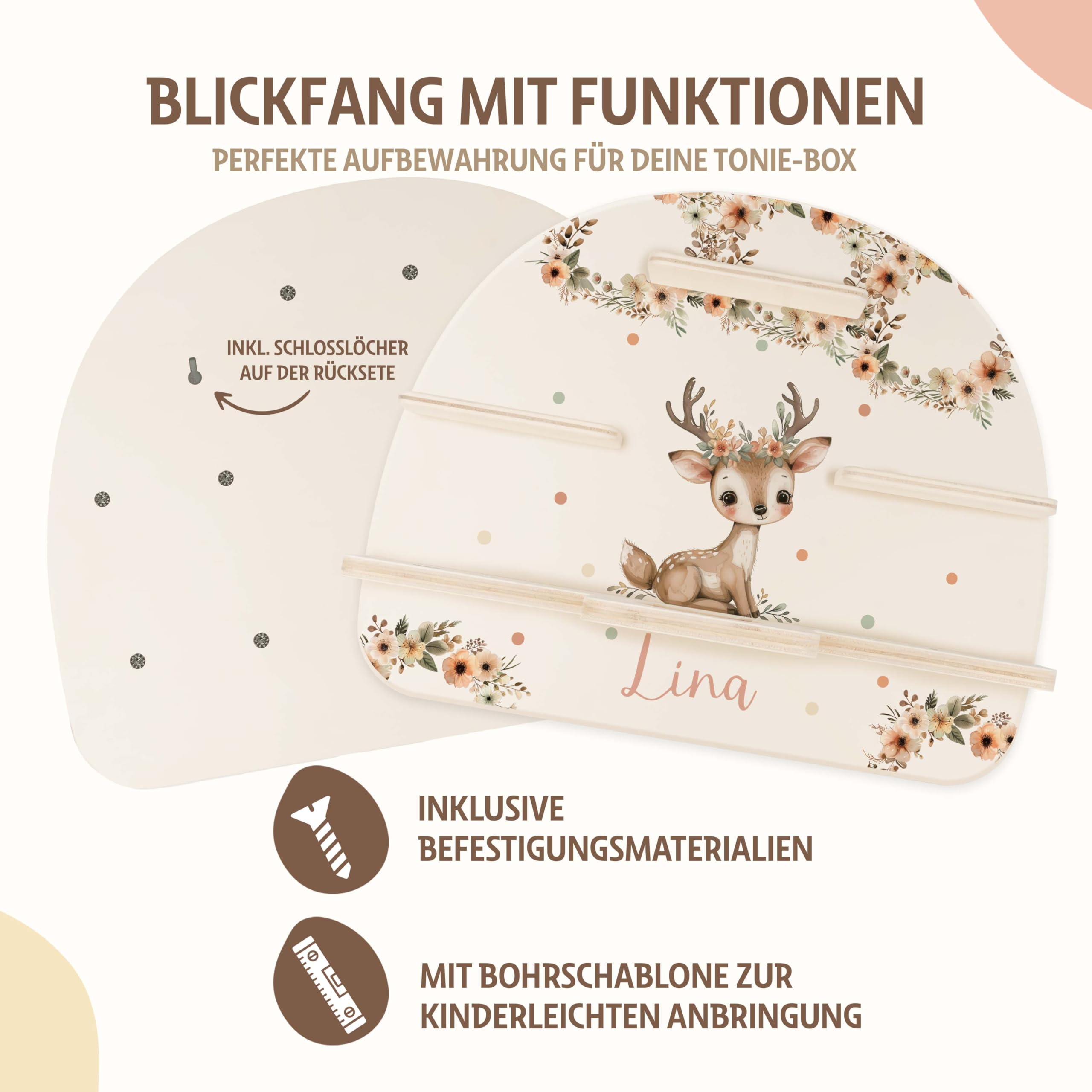 Kidsmood - Tonie Regal mit Namen – Wandregal für Toniebox 1 & Figuren | Abgerundete Ecken & Kanten Inkl. Metallplättchen für Tonie Hörfiguren | Kinderzimmer Regal für Mädchen & Jungen