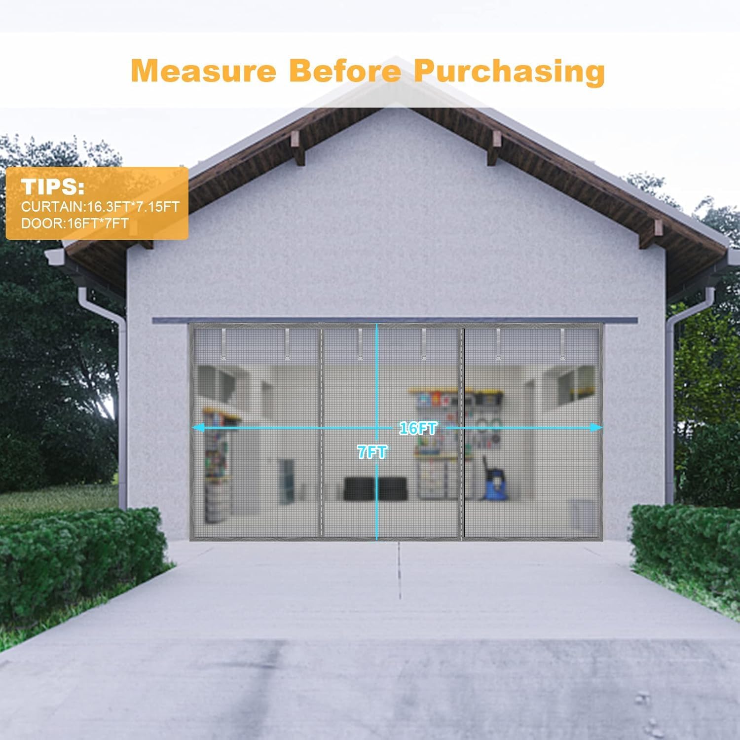 Garage Door Screen for 2 Car Garage, Sunmoxia 16x7Ft Magnetic Heavy Duty Garage Door Curtain with 6 Strapping Tapes - Durable Breathable Anti-Tear Mesh Patio Porch Privacy Curtain (Silver)