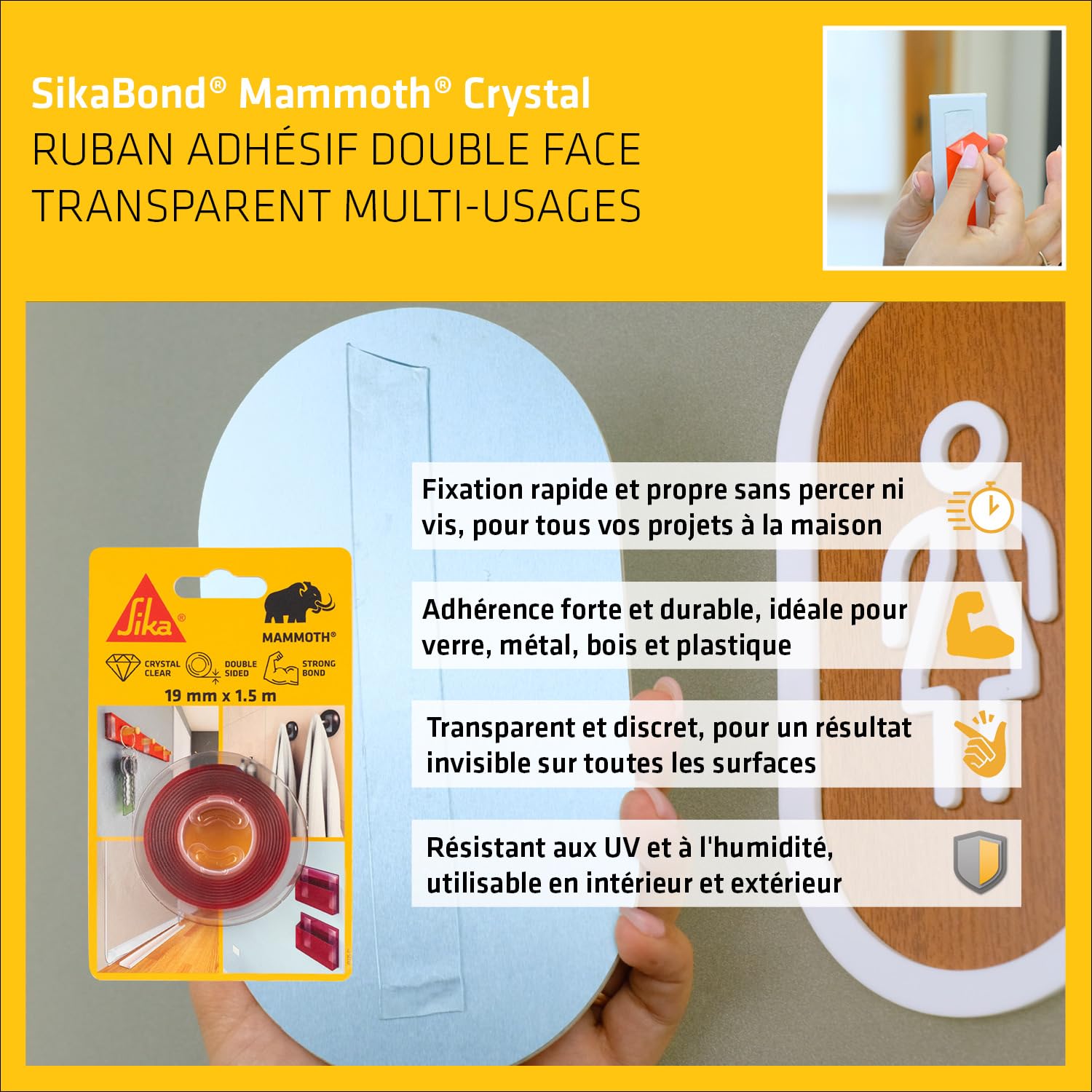 Sika SikaBond Mammoth Crystal Ruban adhésif double face extra fort transparent 1.5m