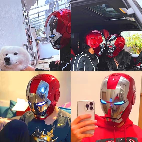 Javis Cool Mark 5 Helmet Silver Voice Control/Sensing/Remote Control Open/Close with Sounds & LED Eyes Light Up Super Hero 1:1 Model Cosplay Prop for Halloween Christmas and Birthday.